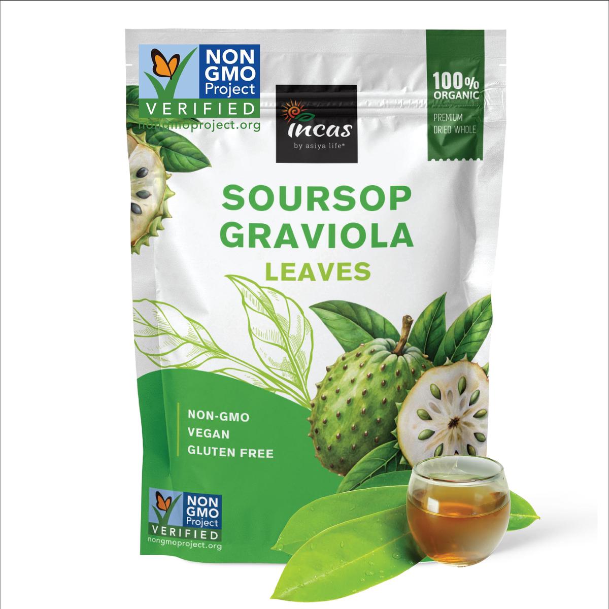 Incas 200+ Enhanced Soursop Graviola Dried Leaves, 200+ Cups, 200-230 Pure Leaves, Non Gmo Verified, 100% Natural, Whole Leaves, Wildcrafted, Graviola, Hoja Guanabana, Loose Leaf Herbal Tea