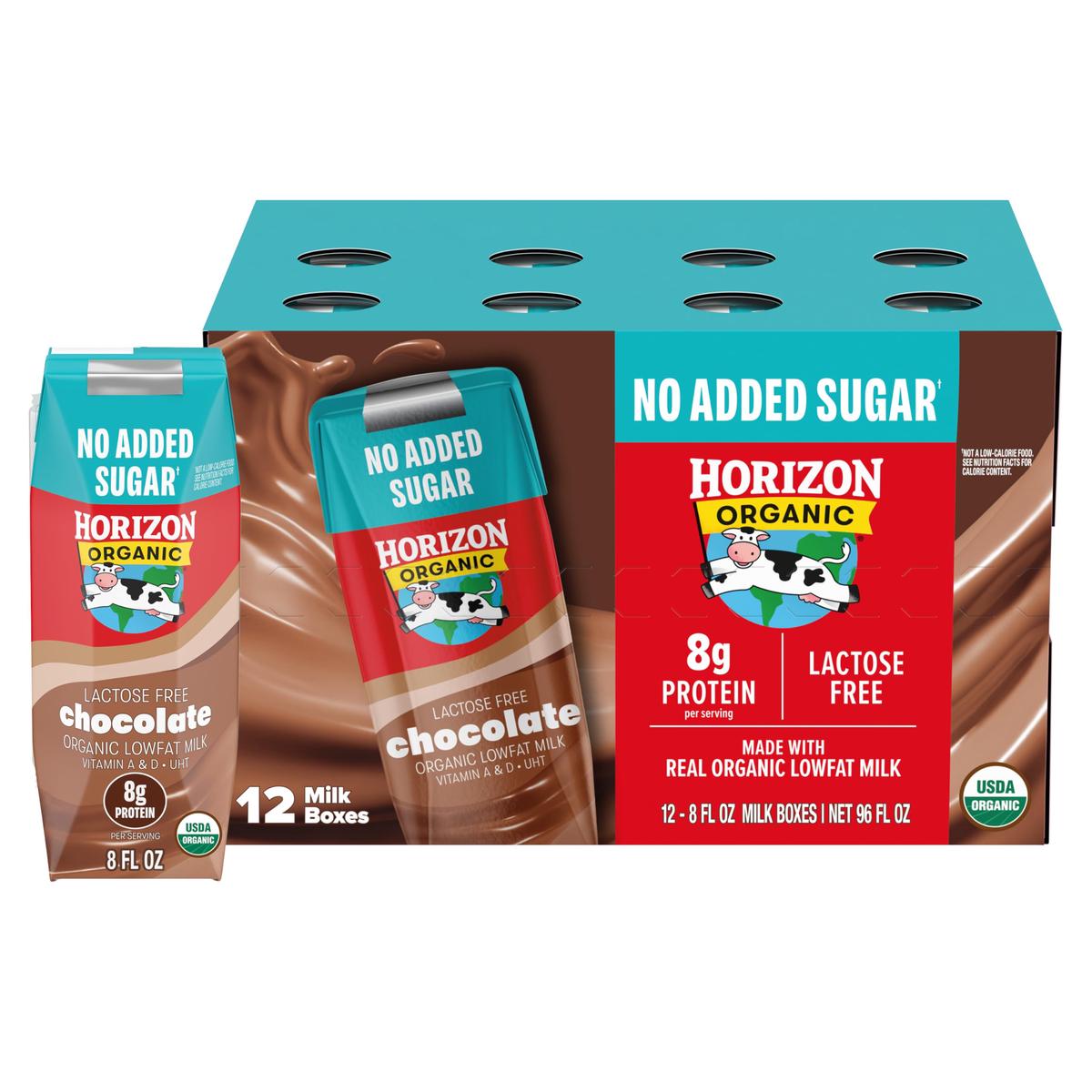 New Horizon Organic Shelf Stable No Added Sugar Lactose Free 1% Lowfat Chocolate Milk Boxes, 8 Fl Oz, 12 Count - 8G Protein Per