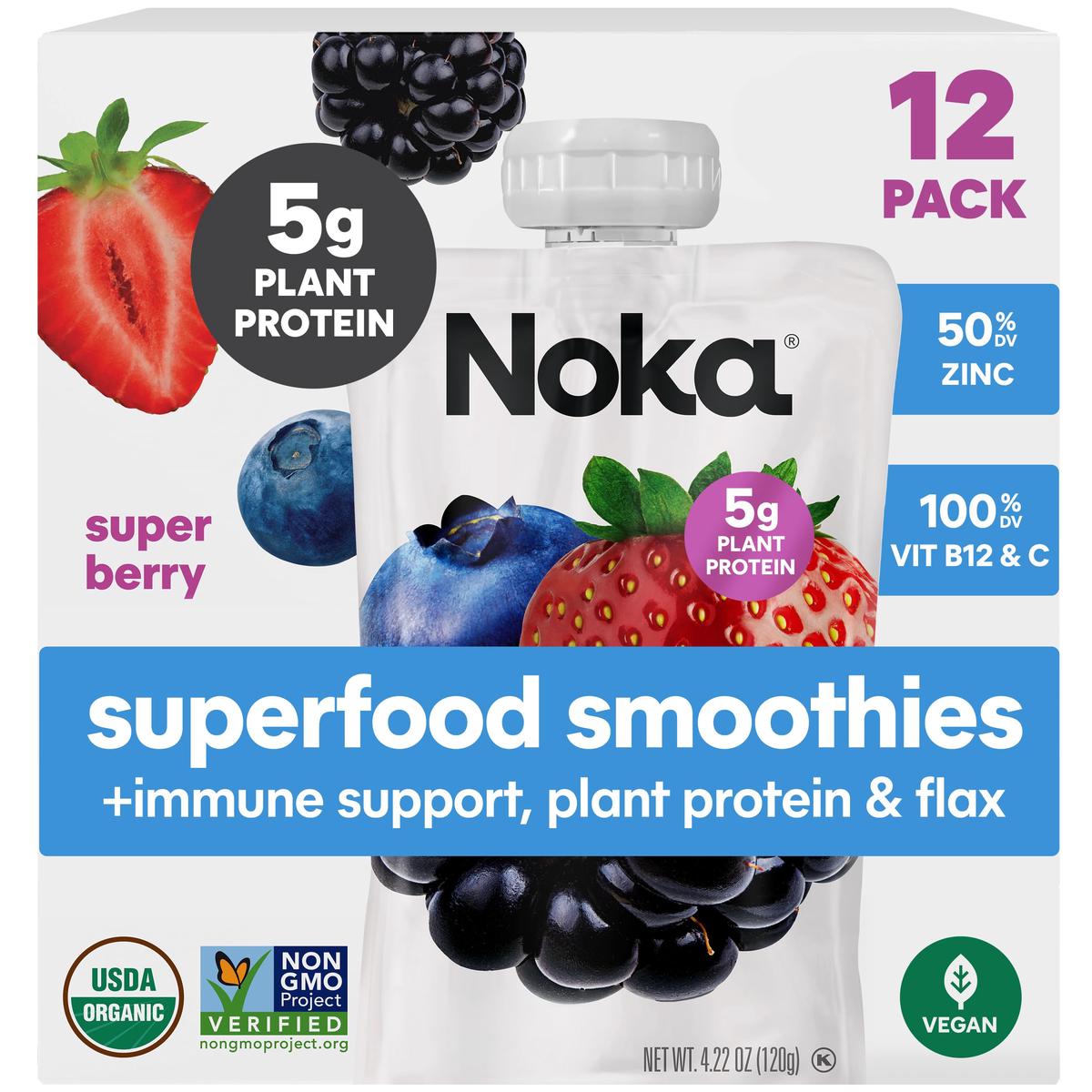 Noka Organic Superfood Smoothie Pouches - Super Berry - Immune Support with Elderberry, Vitamin C & Plant Protein, Organic Healt