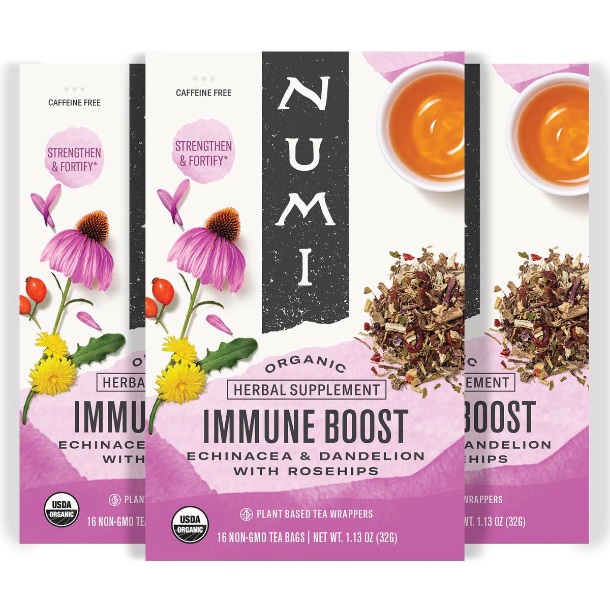 Numi Organic Immune Boost Tea, 16 Tea Bags (Pack Of 3), Echinacea, Dandelion And Rosehips, Caffeine Free