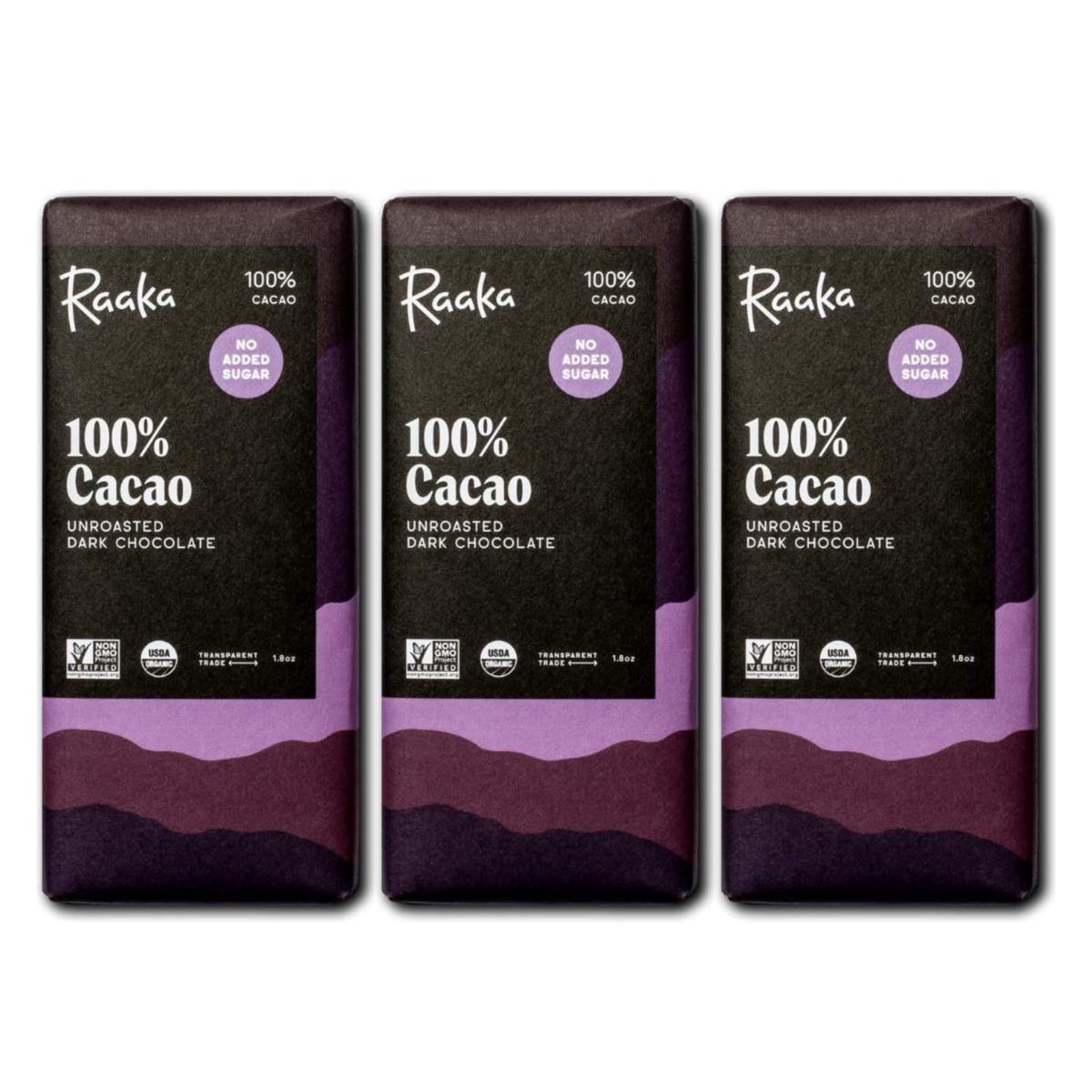 Raaka 100% Dark Chocolate Bars - Unsweetened  Bitter  Sugar Free  Pure Cacao - Organic  Vegan  Soy Free  Gluten Free  Kosher  Keto  Nut Free - 1.8oz 100% Chocolate Bars  3-Pack