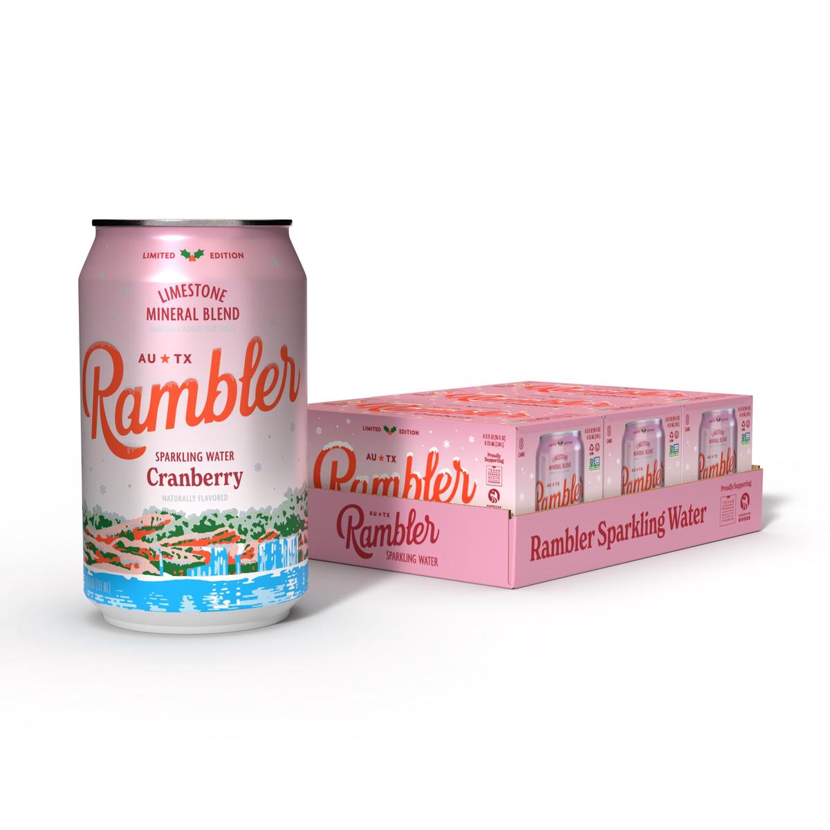 Autx Rambler Sparkling Water, Limestone Mineral Blend, Cranberry Flavor, Limited Edition, 12 Oz, Three 8-Packs (24 Cans)