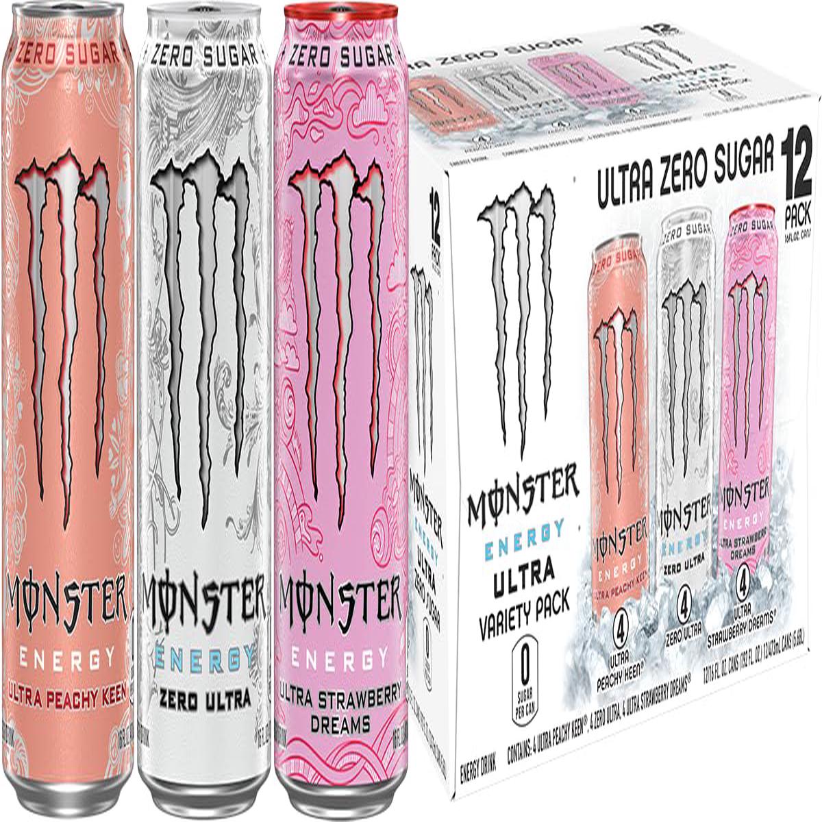 Monster Energy Ultra 3 Flavor Variety Pack  Zero Ultra  Ultra Peachy Keen  Ultra Strawberry Dreams  Sugar Free Energy Drink  16 Ounce (Pack of 12)