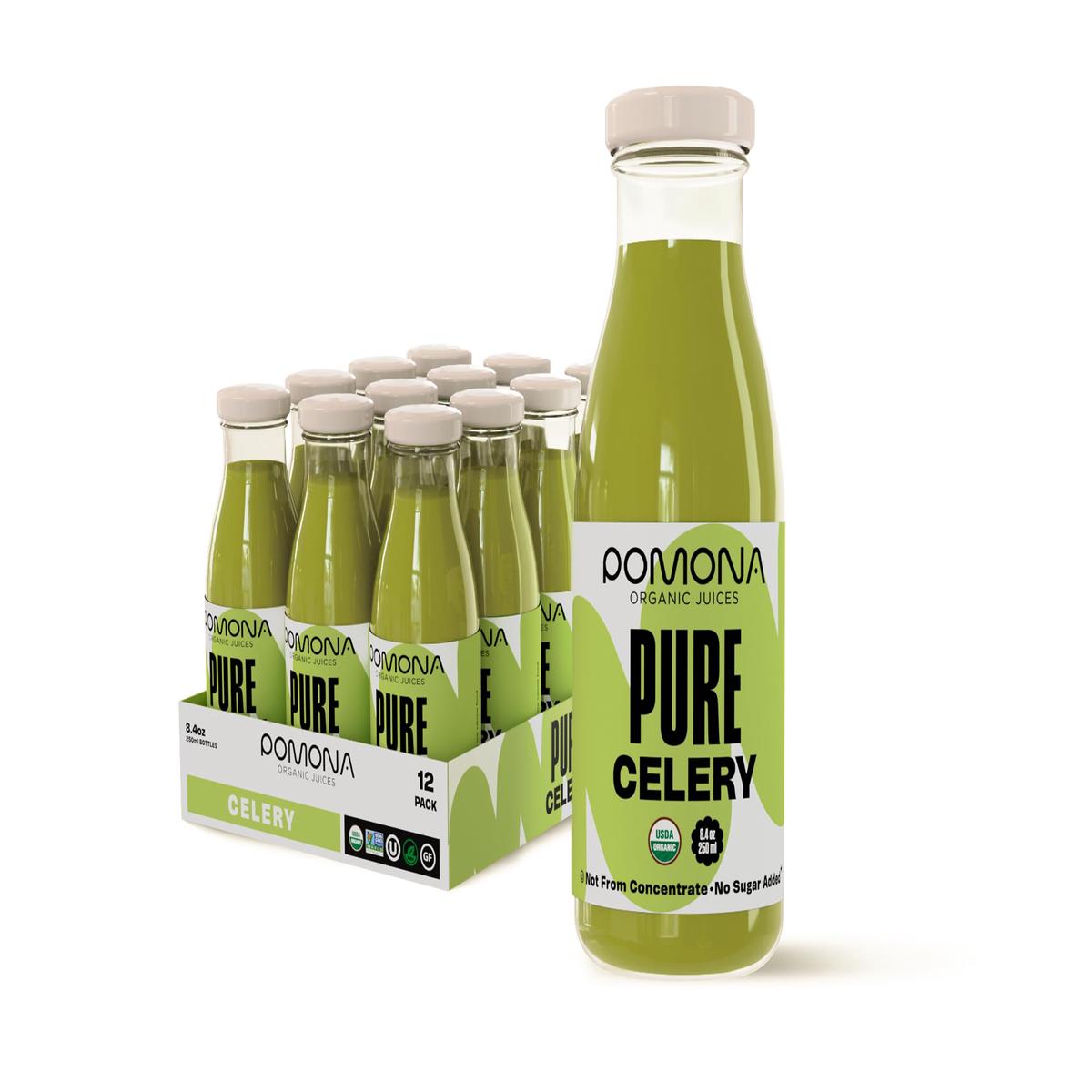 Pomona Organic Juices Pure Celery Juice  8.4 Ounce Bottle (Pack of 12)  Cold Pressed Organic Juice  Non-GMO  No Sugar Added  Not from Concentrate  Gluten Free  Kosher Certified  Preservative Free