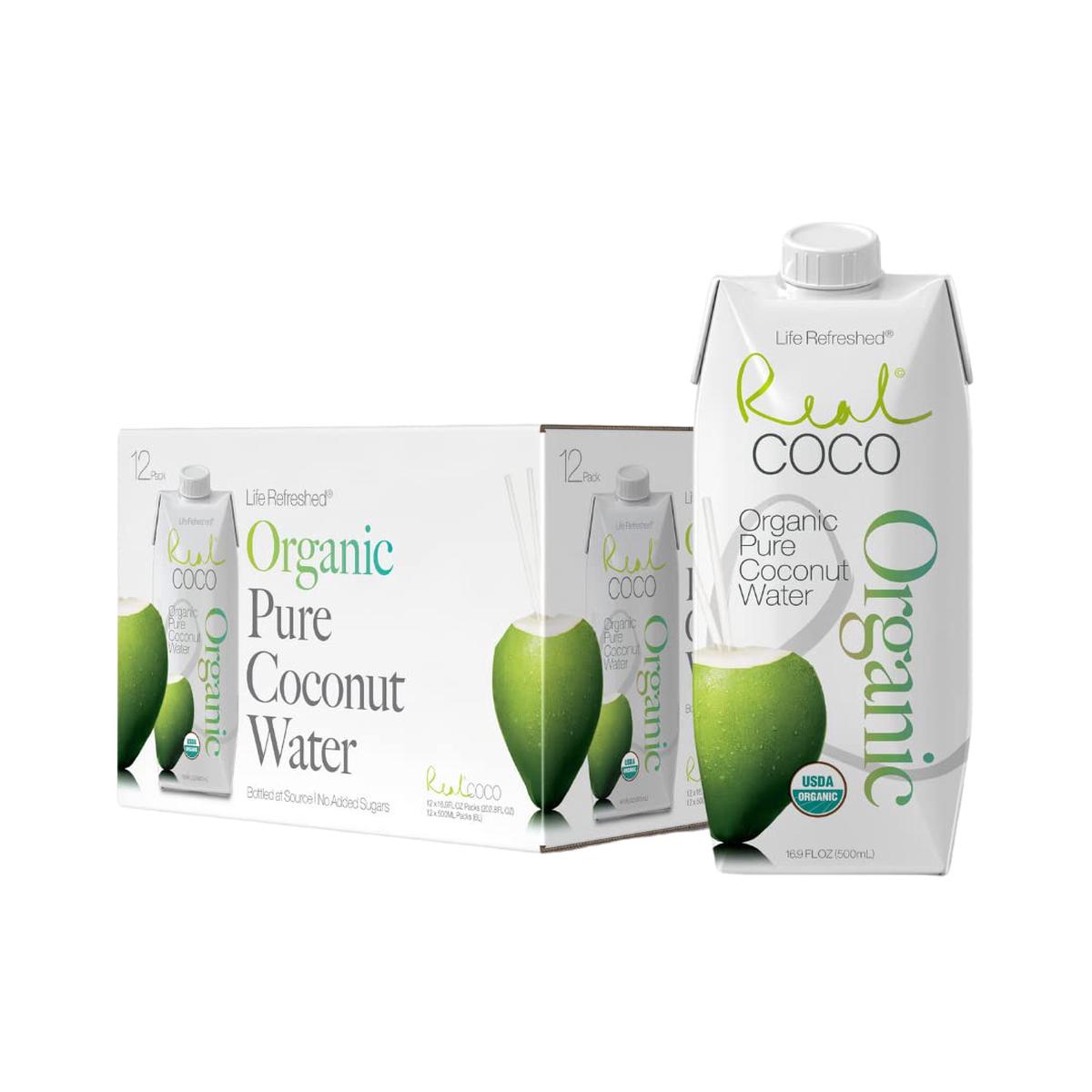 Real Coco Original Coconut Water 500mL, 100% USDA Organic Coconut Water, Packed with Electrolytes, Dairy/Soy Free, Vegan, Plant