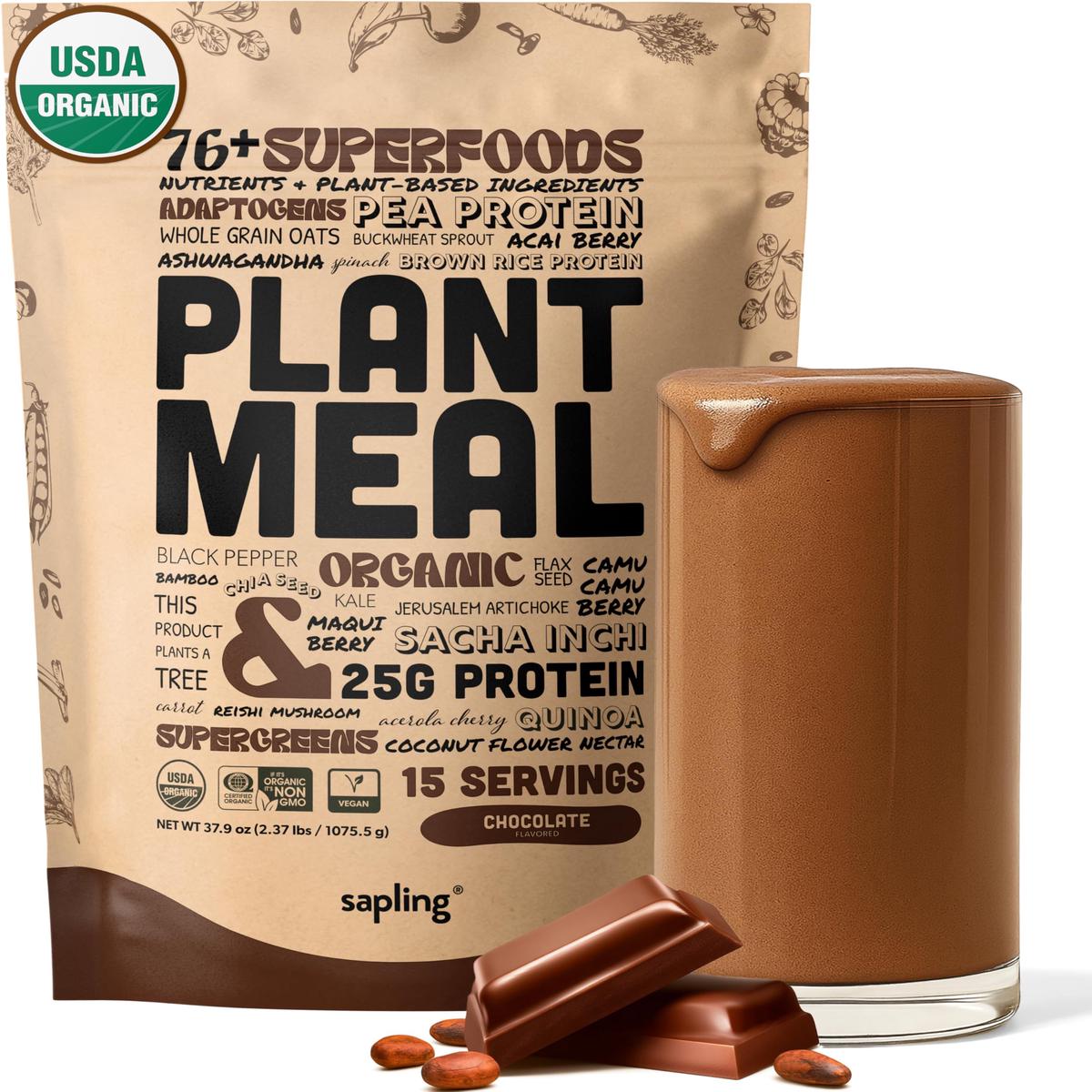 Sapling Plant Meal Replacement Shake - Chocolate, 25g Vegan Protein, 76+ Organic Superfoods, 37.9 oz, 15 Servings