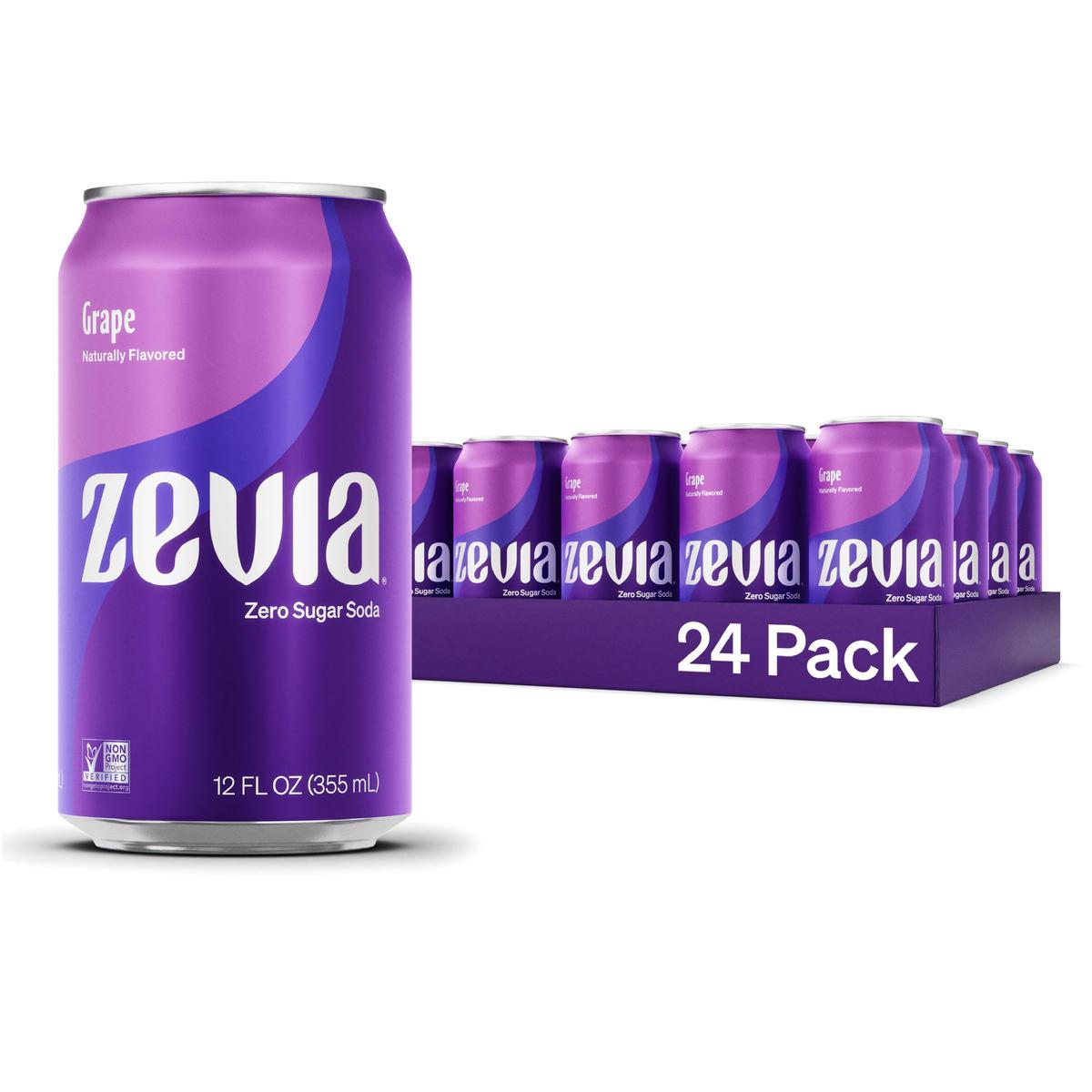 Zevia Zero Sugar Soda, Grape, 12 oz Cans (24-Pack) - Naturally Sweetened, Zero Calorie Sugar Free Soda - Non-GMO Project Verifie