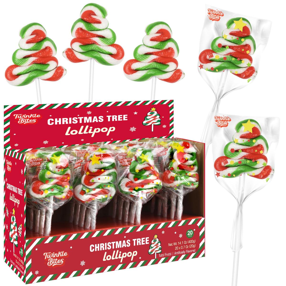 20 Pack Christmas Tree Lollipops - Individually Wrapped Large Christmas Holiday Themed Tree Suckers - Colorful Red & Green Designs & Delicious Tutti Frutti Flavor -Bulk Candy Use For Stocking Stuffers
