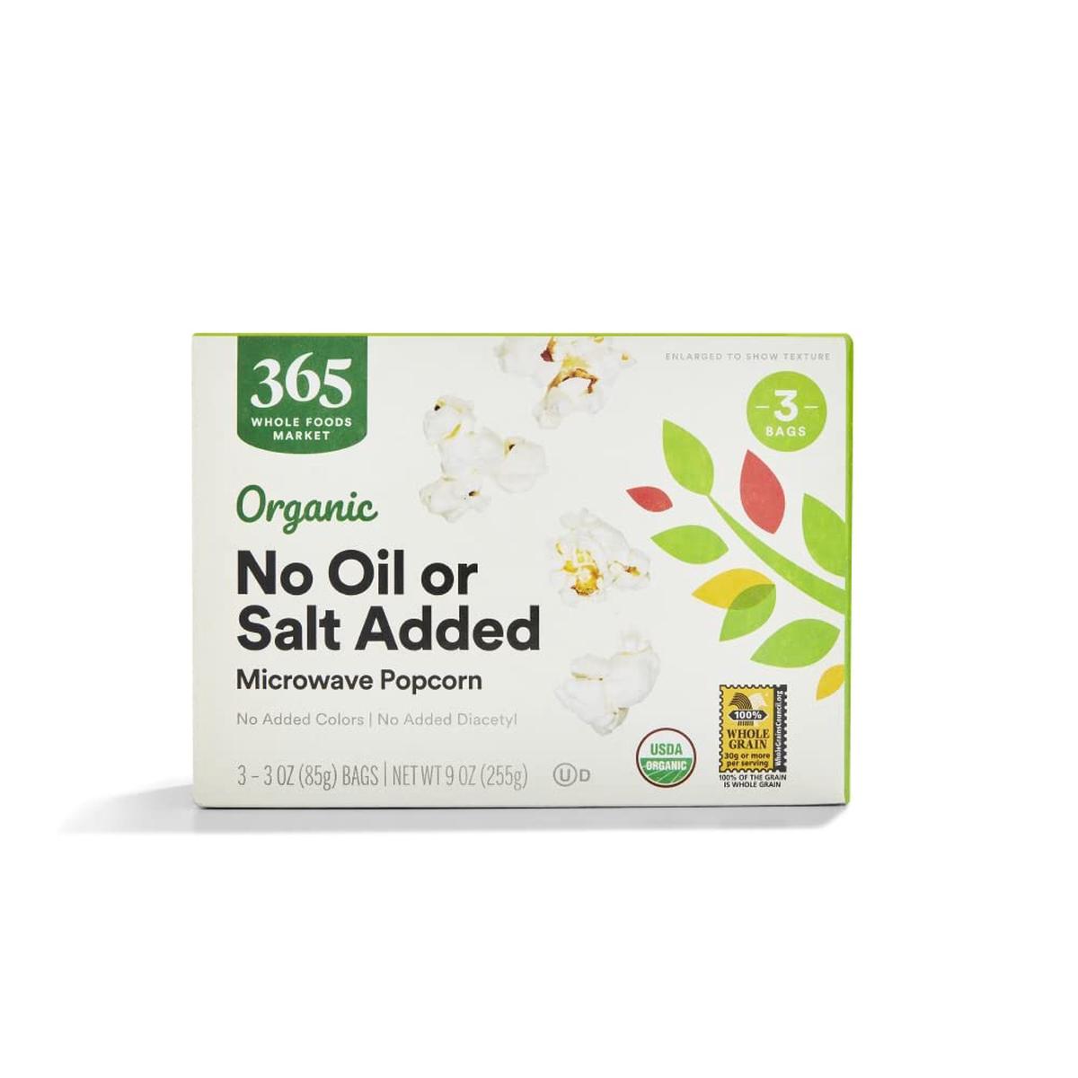 365 by Whole Foods Market Organic Microwave Popcorn, No Oil or Salt, 9 OZ, Healthy Snack