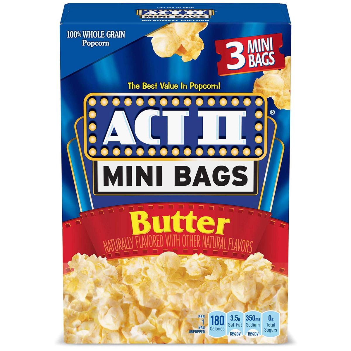 Act II Mini Bags Butter Microwave Popcorn, Movie Night Supplies, 1.58 oz., 3-Count Bags (Pack of 12)