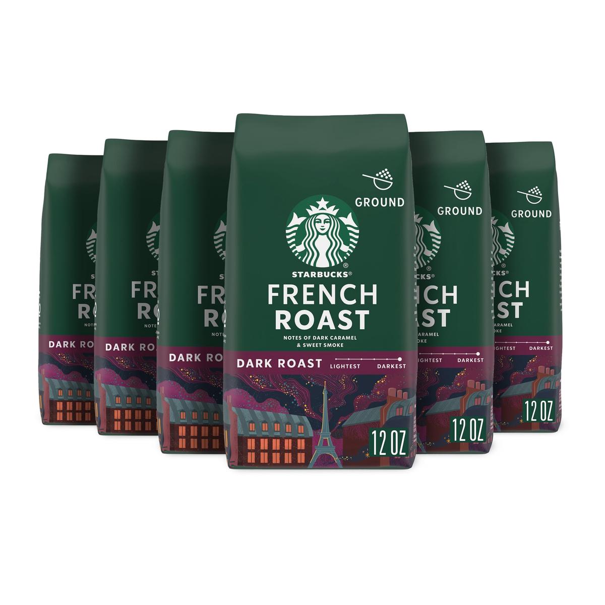 Starbucks Dark Roast Ground Coffee, French Roast, 100% Arabica, 12 oz x 6 Bags - Premium Coffee for Rich Flavor