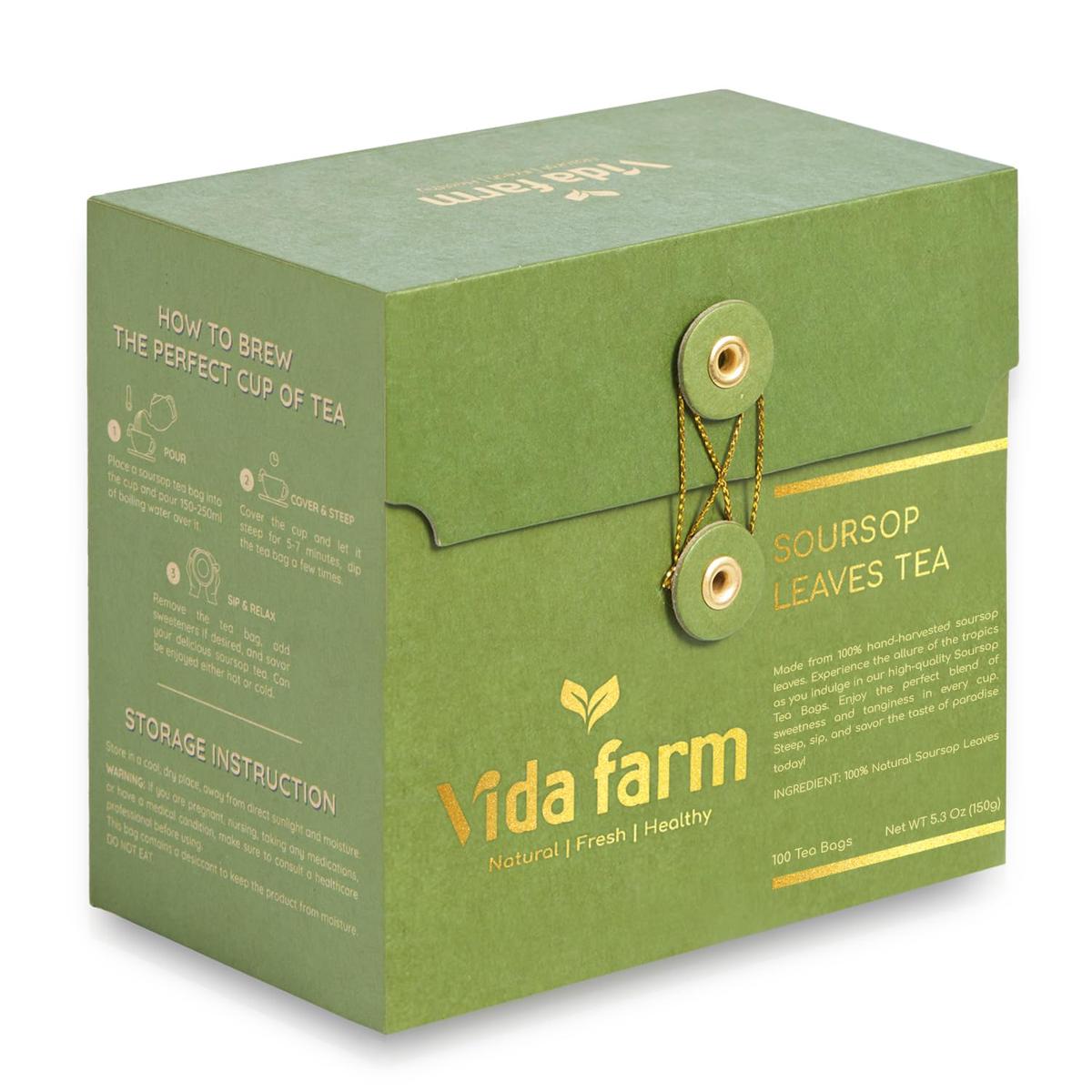 VIDA FARM Soursop Tea Bags, 100% Natural Guanabana Leaves, Caffeine Free, Dark Yellow, 100 Tea Bags