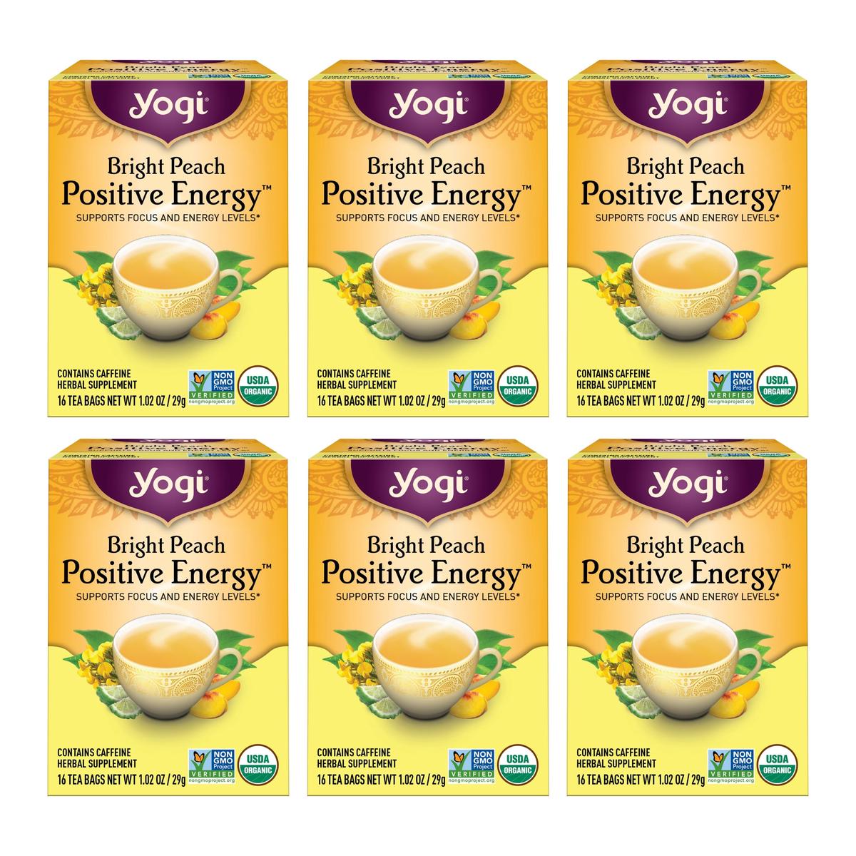 Yogi Tea Bright Peach Positive Energy Tea - 16 Tea Bags per Pack (6 Packs) - Organic Tea to Support Focus & Energy - Includes Oo