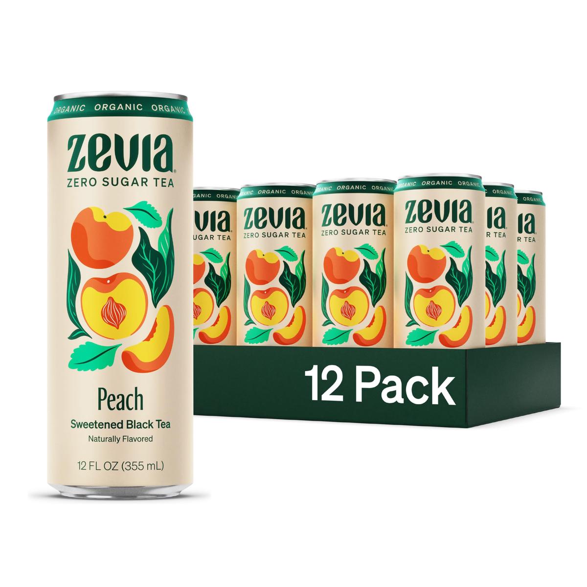 Zevia Zero Sugar Tea, Black Tea with Peach, 12 oz Cans (12-Pack) - Naturally Sweetened, Zero Calorie Sugar Free - Non-GMO Projec