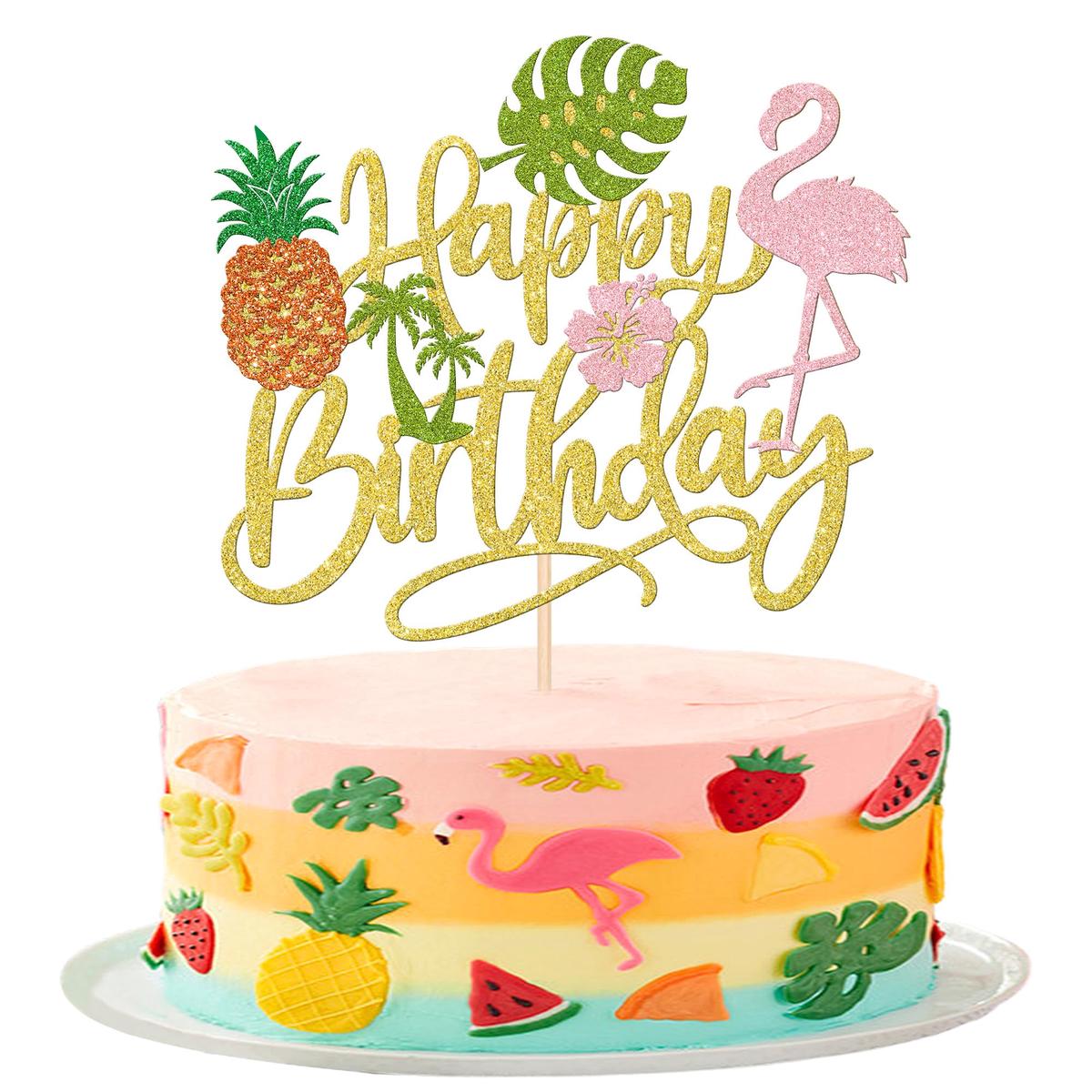 1 Pcs Tropical Luau Happy Birthday Cake Topper Glitter Flower Palm Tree Flamingo Turtle Leaf Pineapple Aloha Cake Pick For Summer Beach Hawaii Luau Theme Birthday Party Cake Decorations Supplies
