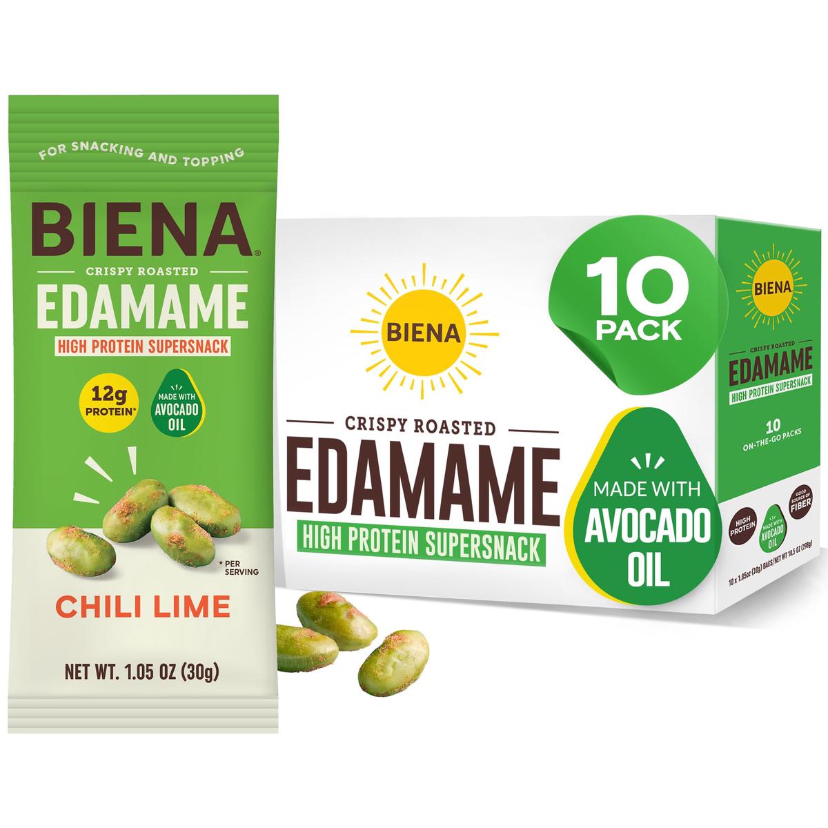 Biena Crispy Roasted Edamame Beans Snack - High Protein Low Carb Snack for Adults & Kids, 12g Protein per Serving - Made w/Avoca