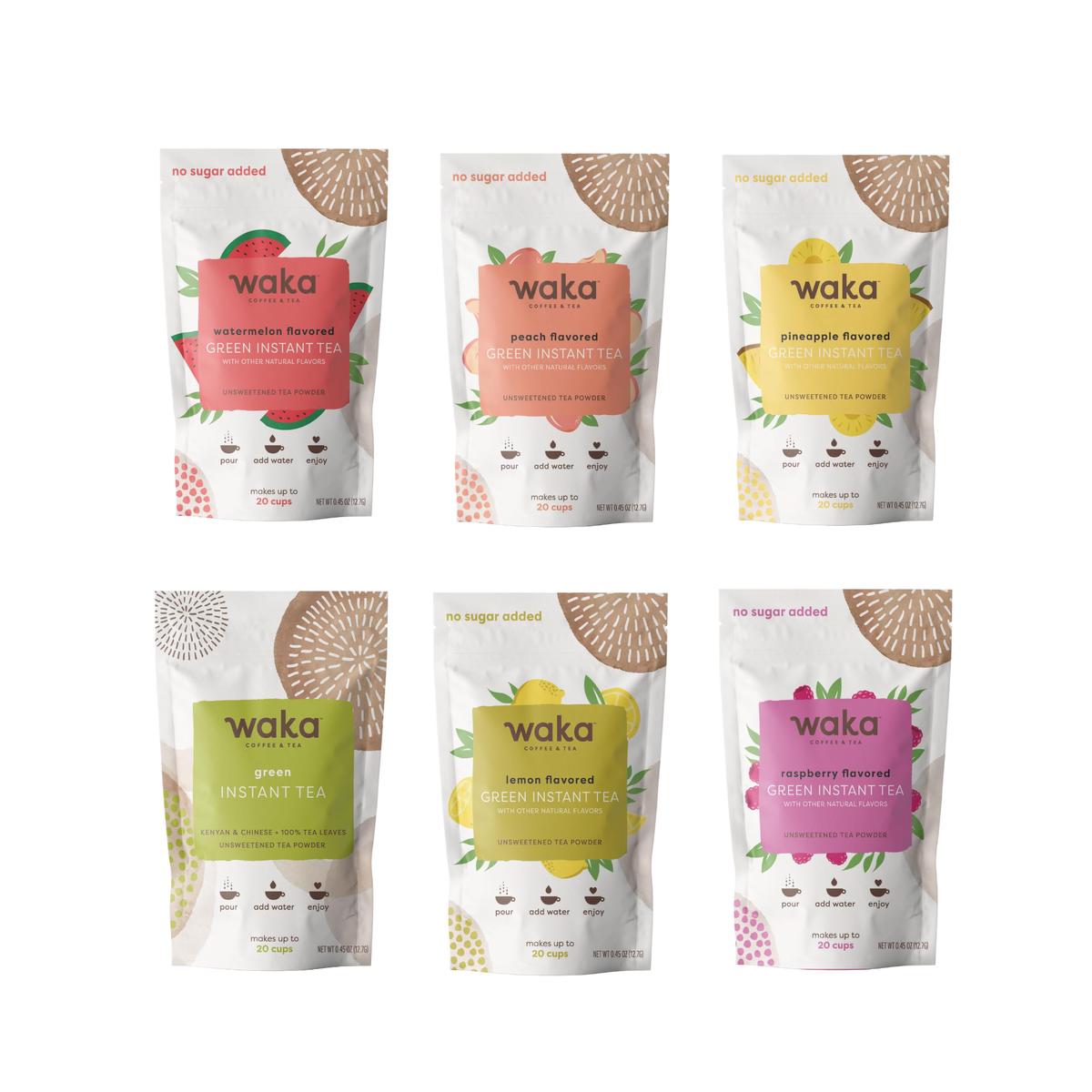 Waka Instant Tea Concentrated Green Tea Powder Sample Bundle - Unsweetened - 6 Packs of 0.45 oz Each