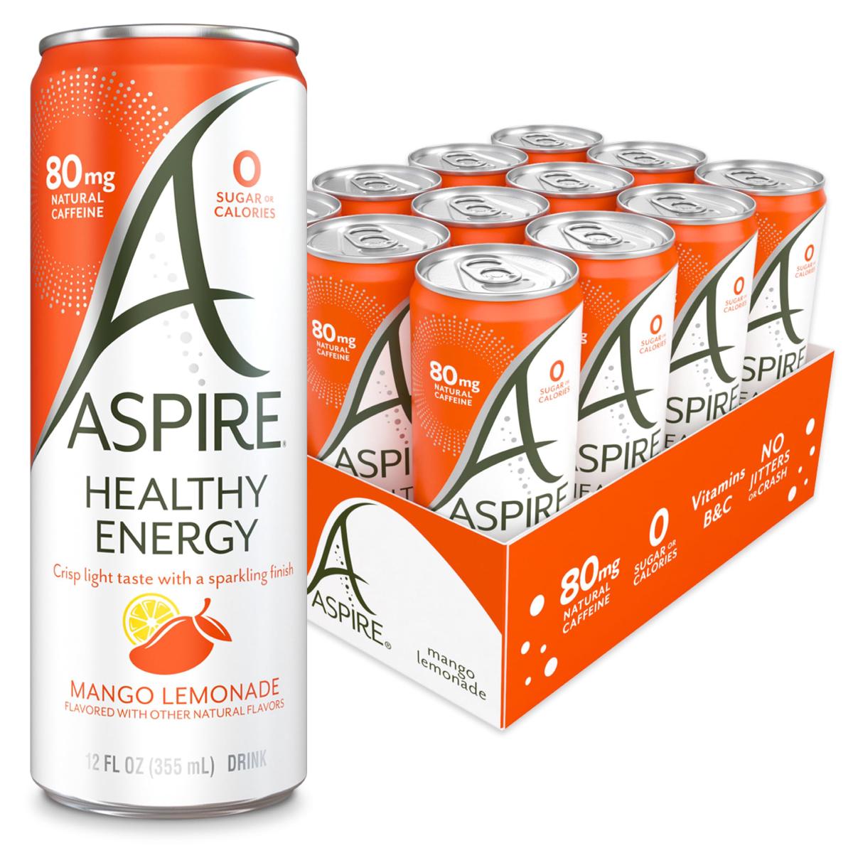 Aspire Healthy Energy Drink, Zero Calorie, Mango Lemonade, 12 Fl Oz, 12-Pack, Clear