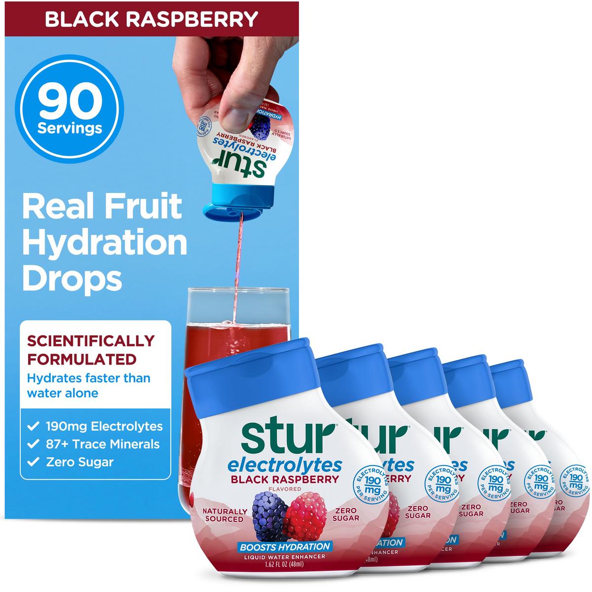 Stur Electrolyte Water Enhancer, Sugar Free, Sweetened with Stevia, Pack of 5 Bottles, Black Raspberry, Makes 90 Drinks, Vegan, Keto