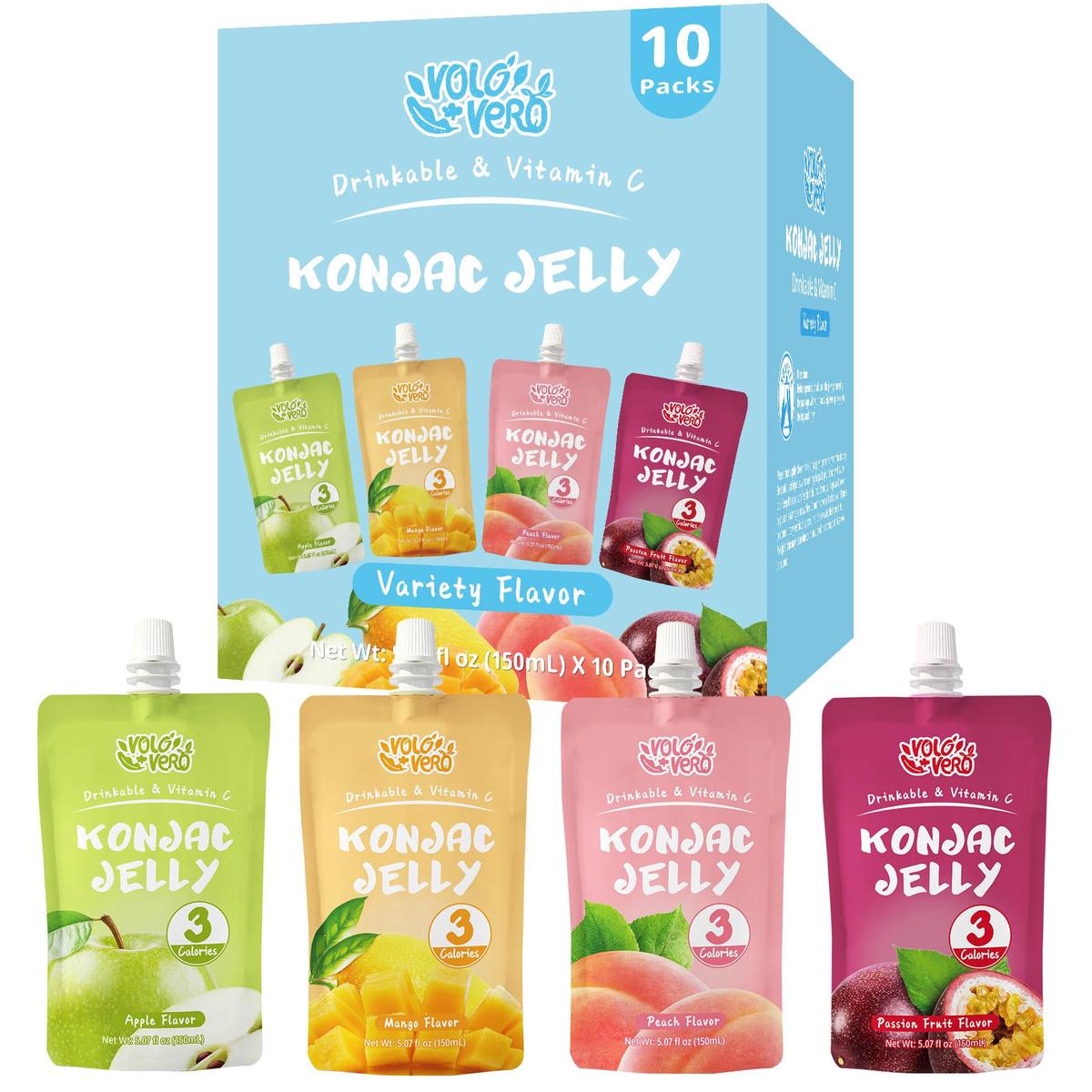 Volo Vero Drinkable Konjac Jelly Variety Pack, 3 Calories, 10 Pack, 0 Sugar, Vegan, Gluten Free, Keto, Vitamin C Fruit Snacks Holiday Gifts - Flavors Include Mango, Peach, Passion Fruit, And Apple Pou