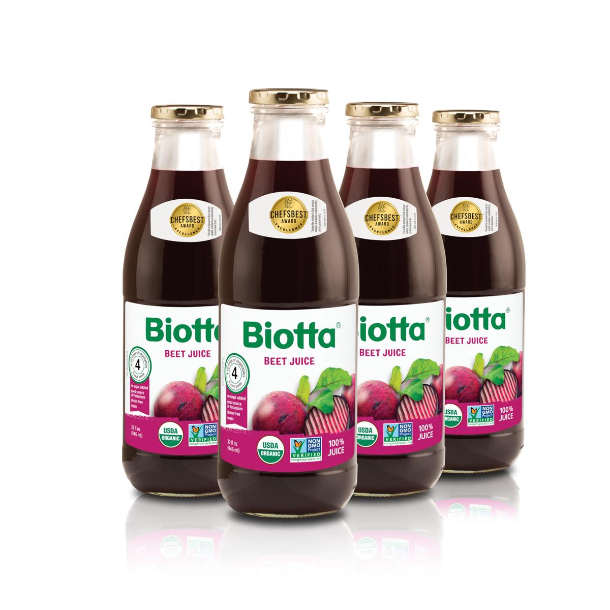 Biotta Organic Beet Juice - Natural Beetroot Superfood - Gluten Free - 32 Fl Oz (Pack of 4) - Beet Color