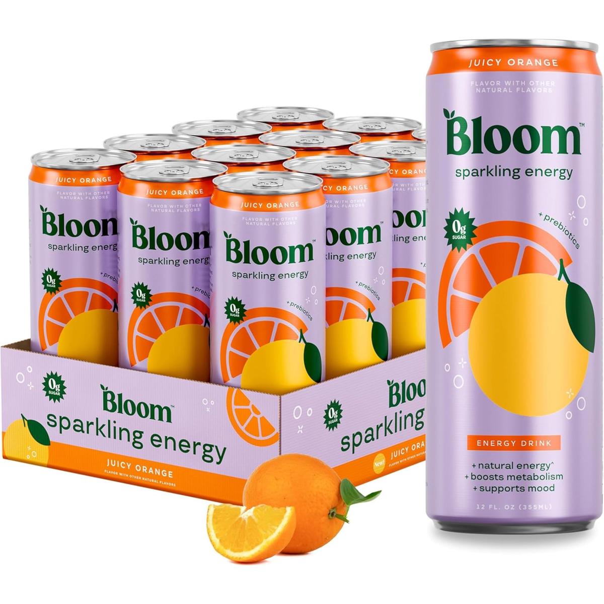 Bloom Nutrition Sparkling Energy Drink - Natural Caffeine  Zero Sugar  180mg Caffeine - Antioxidant-Rich with Green Coffee Bean  Green Tea Extract  Prebiotics - Orange - 12oz 12 Pack