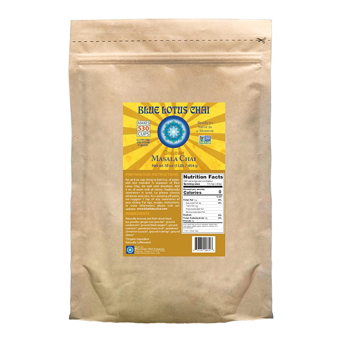 Blue Lotus Chai - Golden Masala Chai - Makes 530 Cups - 1 Pound Bulk Bag Masala Spiced Chai Powder With Organic Spices - Instant
