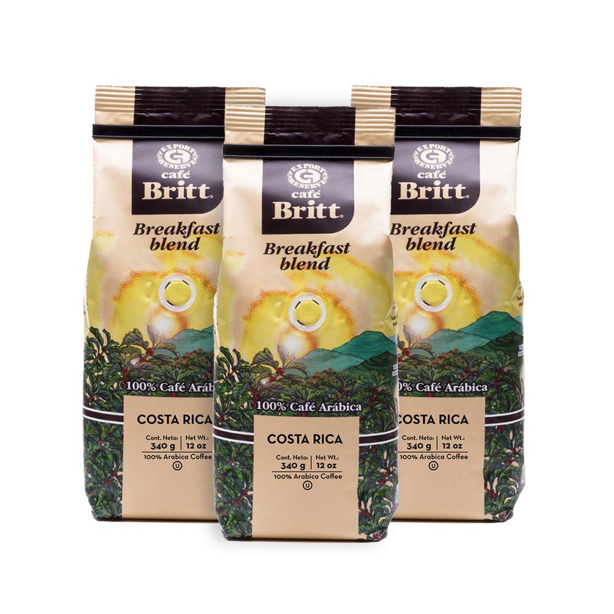 Caf Britt - Costa Rican Breakfast Blend Coffee (12 Oz.) (3-Pack) - Whole Bean, Arabica Coffee, Kosher, Gluten Free, 100% Gourmet & Medium Dark Roast