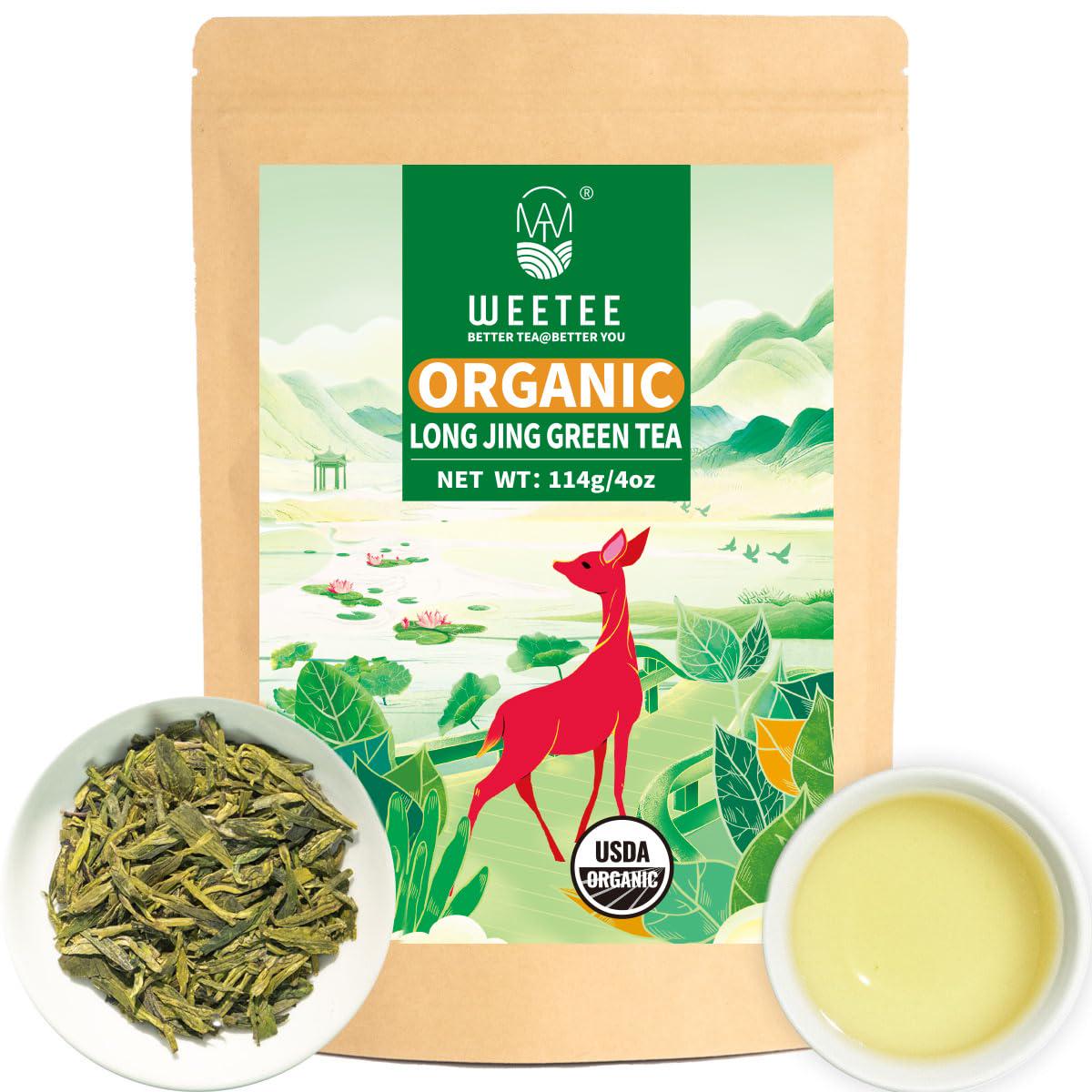 Wt Weetee Organic Longjing Green Tea, Organic Dragonwell Tea Loose Leaf 4Oz (114G), Natural Bean Aromatic Lung Ching Dragon Well