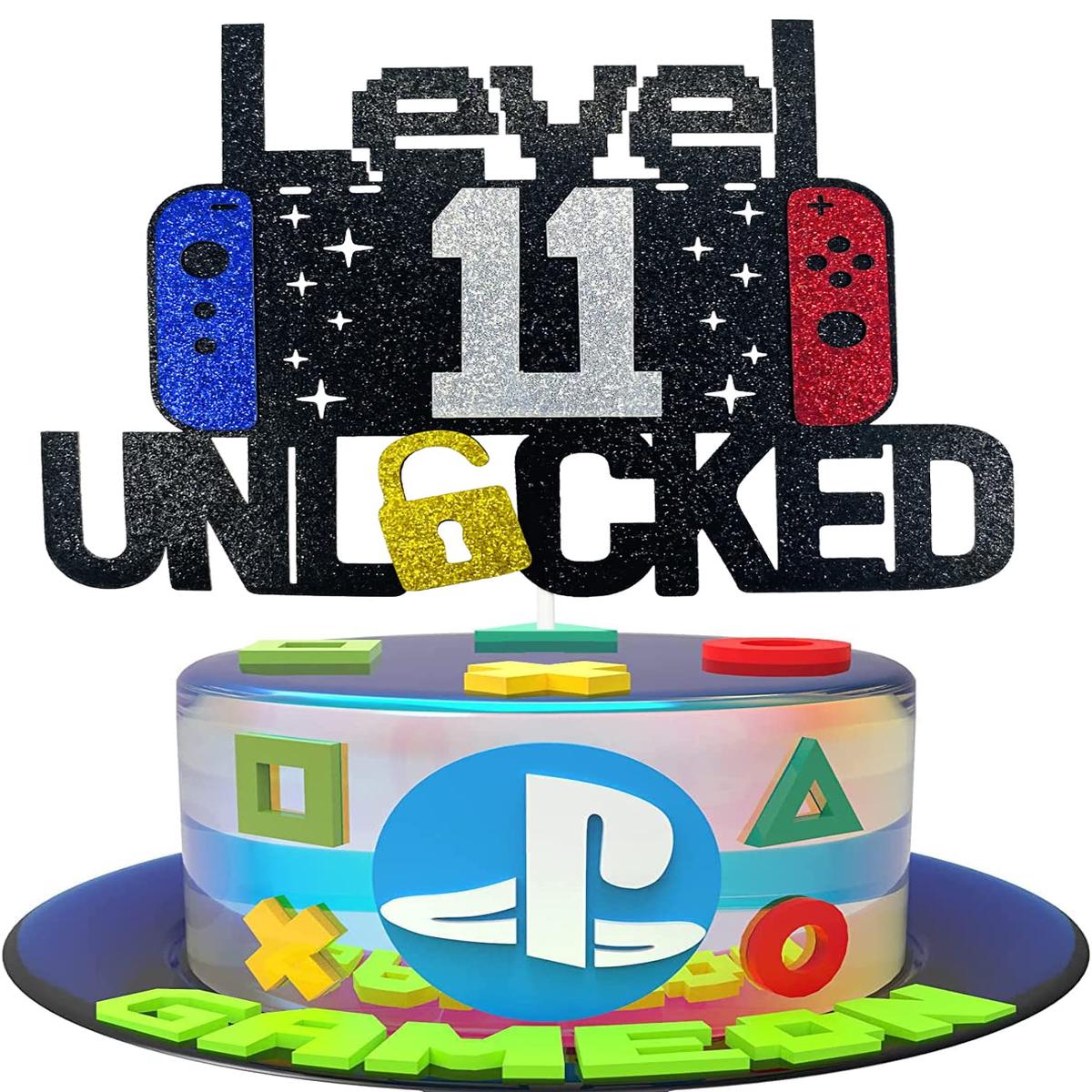 ximoogoooz Video Game Cake Topper for 11th Birthday, Neon/Iridescent, Paper, Kids Party Decoration