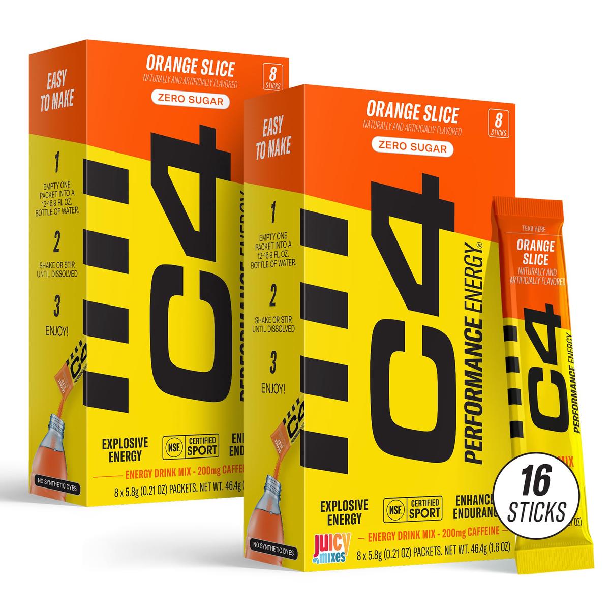 C4 Performance Energy  Orange Slice Drink Mix  200mg Caffeine  Zero Sugar  NSF (2 Boxes  16 Sticks)