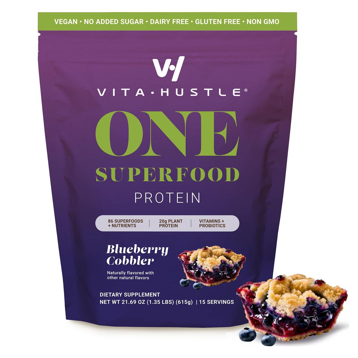 VitaHustle All-in-One Nutrition Shake  Blueberry Cobbler - Plant Based Protein Powder by Kevin Hart - Vegan Meal Replacement Shake with KSM66 Ashwagandha & 86+ Superfoods - Organic Meal Replacement Po