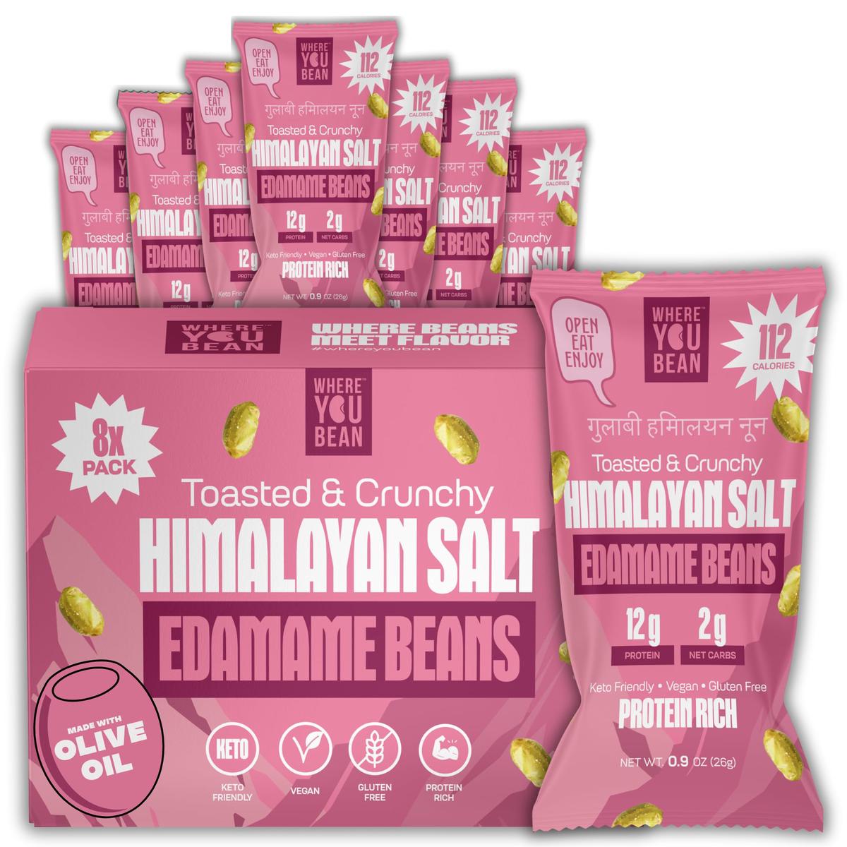 Where You Bean Edamame Beans Snack (Himalayan Salt) - Crunchy and Dry Roasted Edamame Beans - High Protein Snacks, Keto and Vega