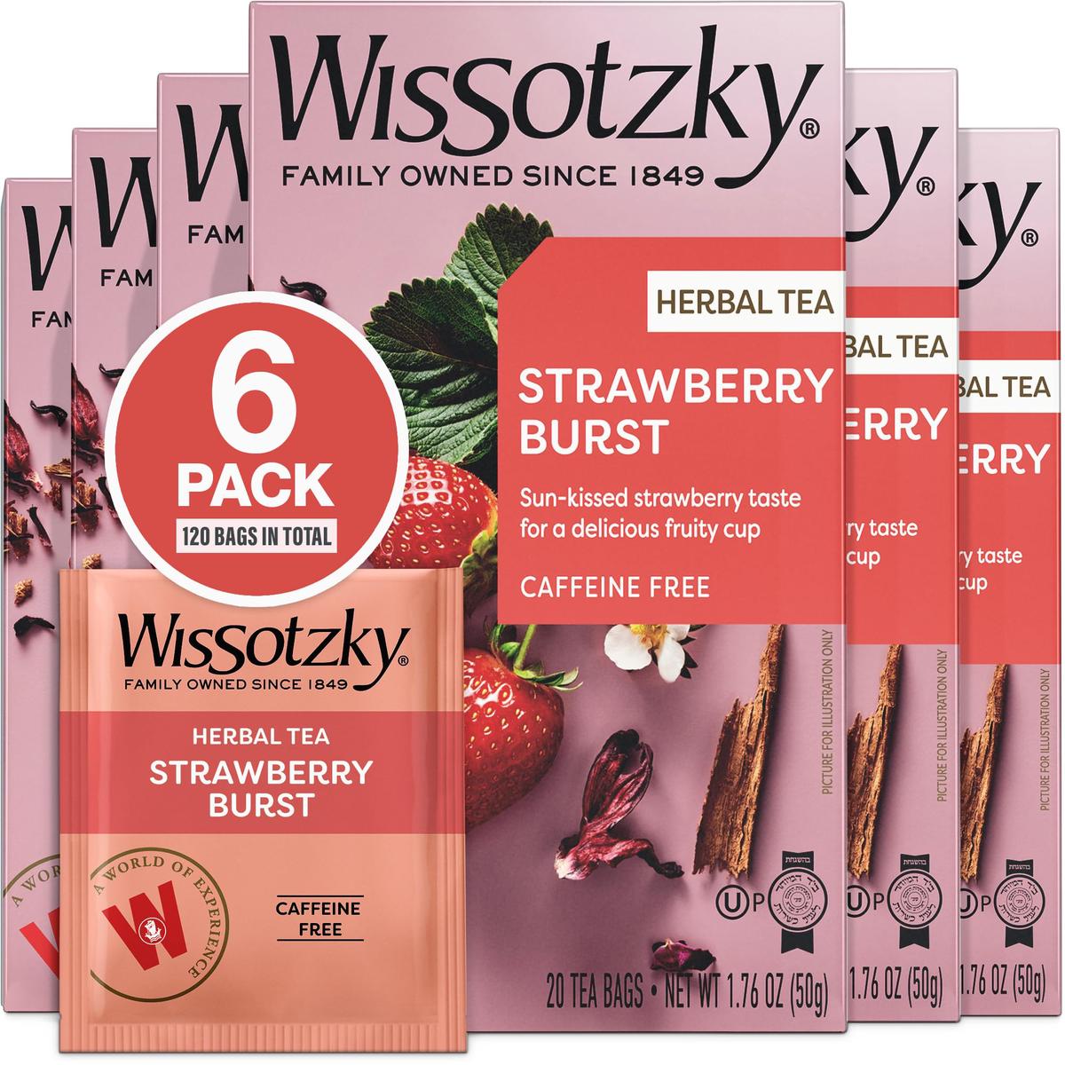 Wissotzky Strawberry Burst Herbal Tea - Caffeine Free, Antioxidant Rich, 6 Pack (120 Tea Bags)