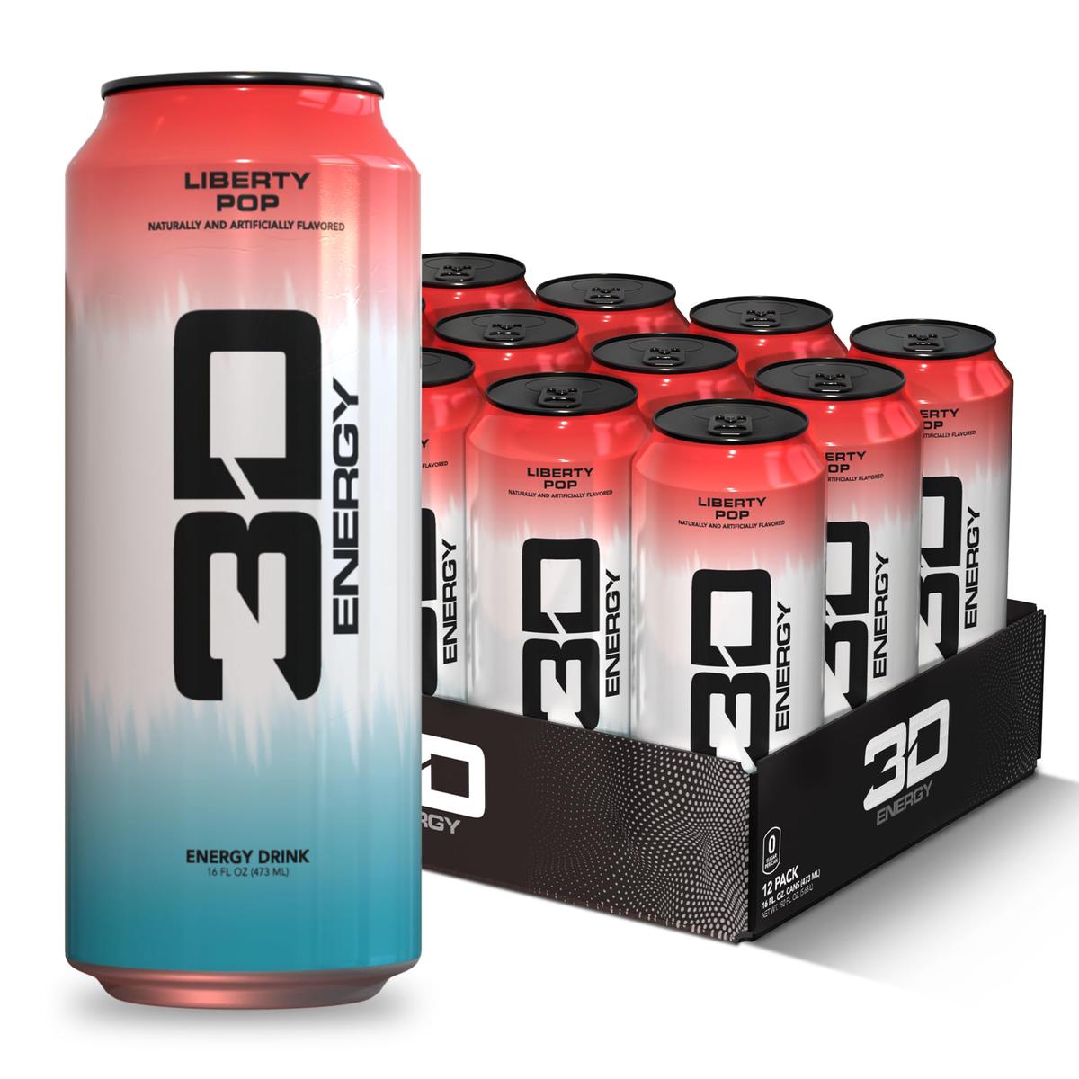 3D Energy Drink - Sugar Free  200mg Caffeine  Pre Workout  Taurine  L-Carnitine  Lightly Carbonated  16oz Cans  12 Pack - Liberty Pop