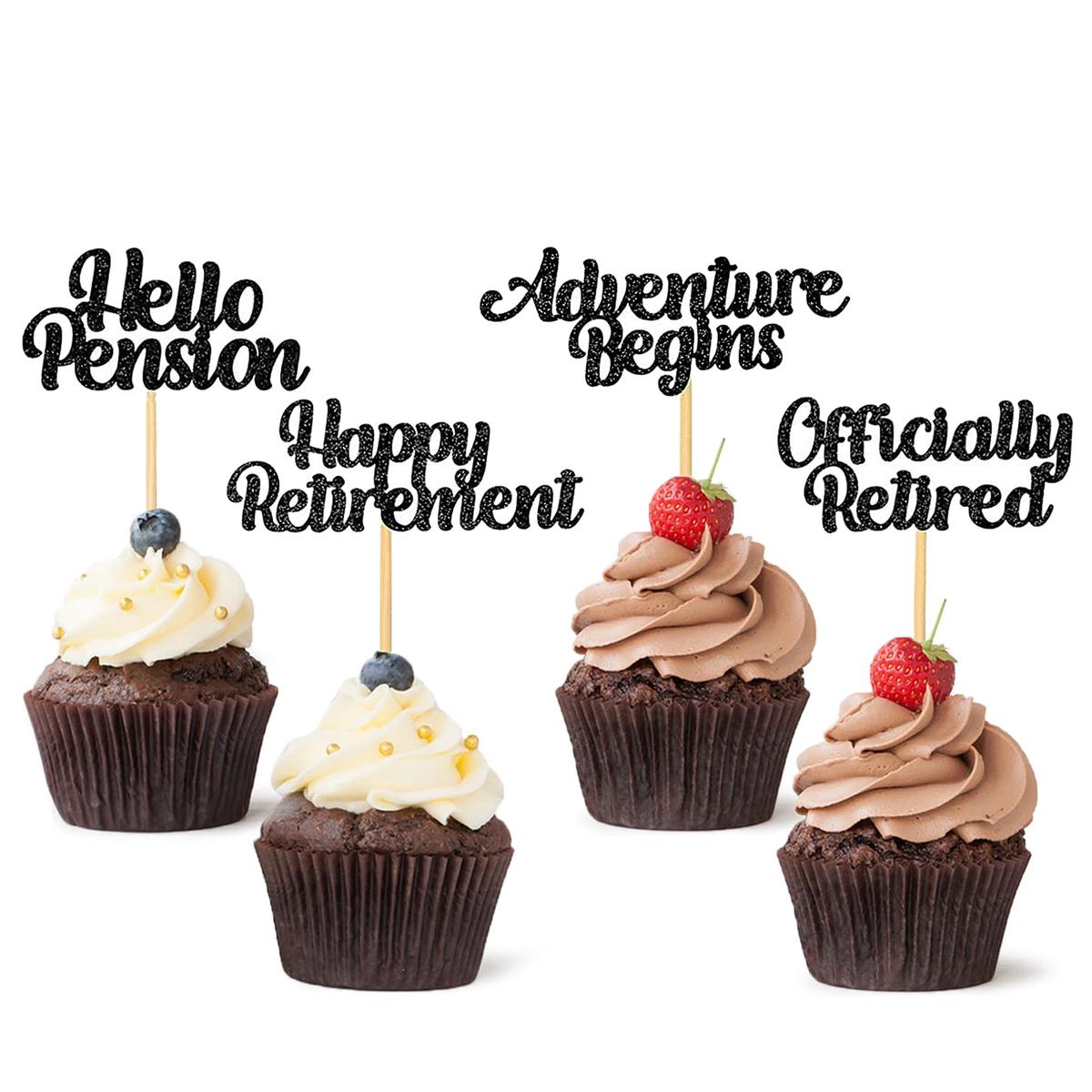 48 Pieces Happy Retirement Cupcake Toppers, Officially Retired Hello Pension Adventure Begins Cupake Picks For Farewell Party Supplies Decor(Black)