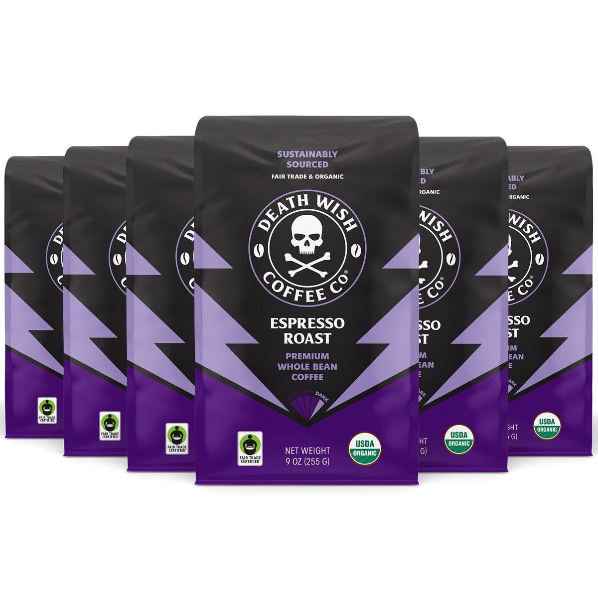 Death Wish Coffee Espresso Roast Whole Bean, 9 oz (Pack of 6) - Bold, High-Caffeine Coffee for Serious Coffee Lovers