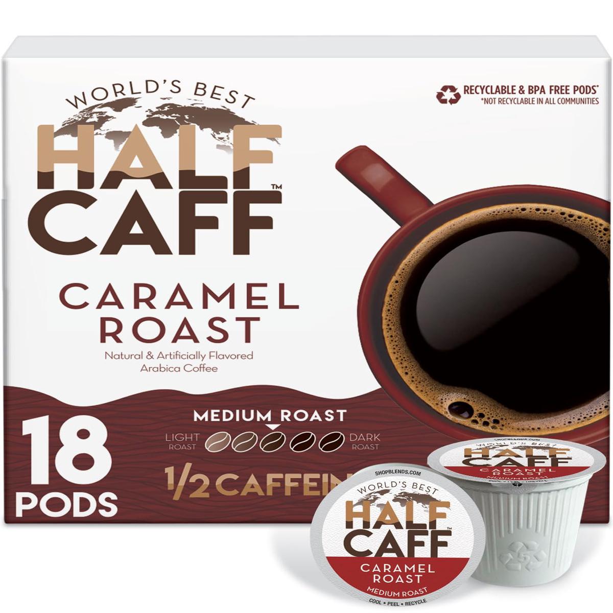 Worlds Best Half Caff Caramel Coffee Pods  18 ct  Medium Roast Flavored Coffee in Recyclable Single Serve Pods - 100% Arabica Beans  Compatible with Keurig K Cups Maker