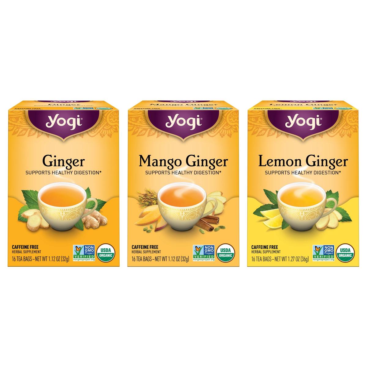 Yogi Tea Ginger Variety Sampler - 16 Bags Per Pack (3 Packs) - Caffeine-Free, Organic Nausea Relief Teas  Supports Digestion - Includes Ginger, Mango & Lemon Flavors