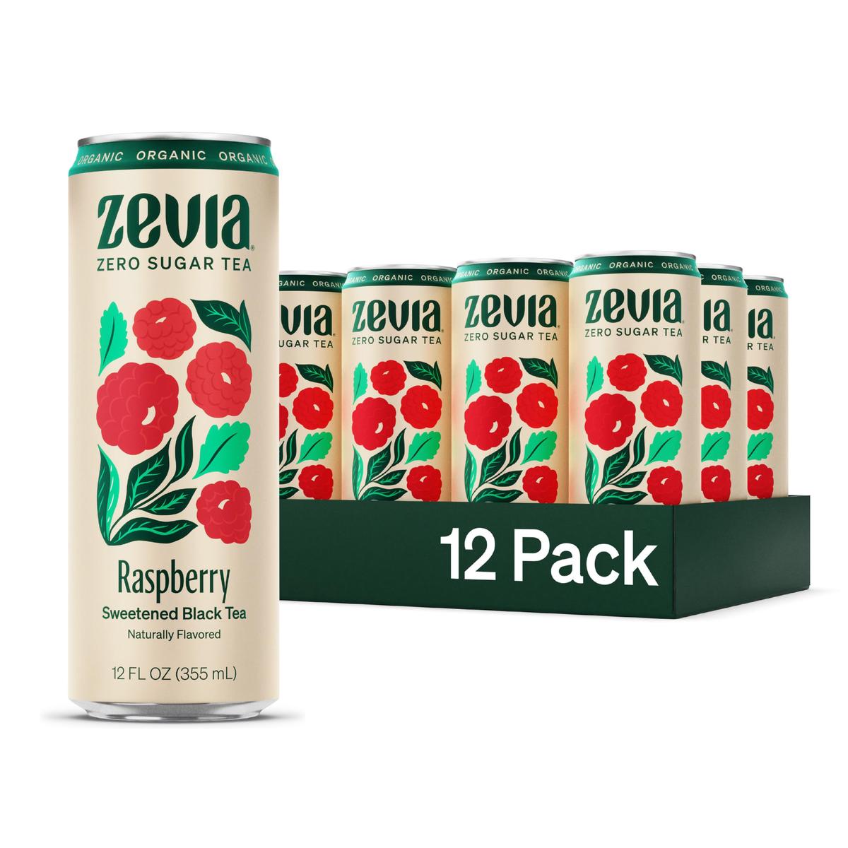 Zevia Zero Sugar Tea, Black Tea with Raspberry, 12 oz Cans (12-Pack) - Naturally Sweetened, Zero Calorie Sugar Free - Non-GMO Pr
