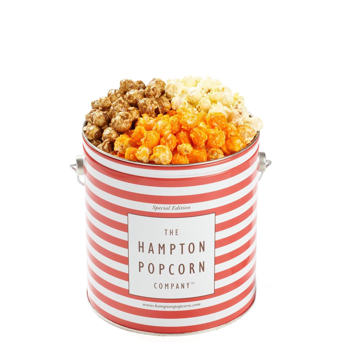 3 Flavor  1 Gallon Gourmet Popcorn Tin  Butter  Caramel & Orange Cheddar Cheese  The Hampton Popcorn & Candy Company (10.5 Oz.  1 Gallon Tin)