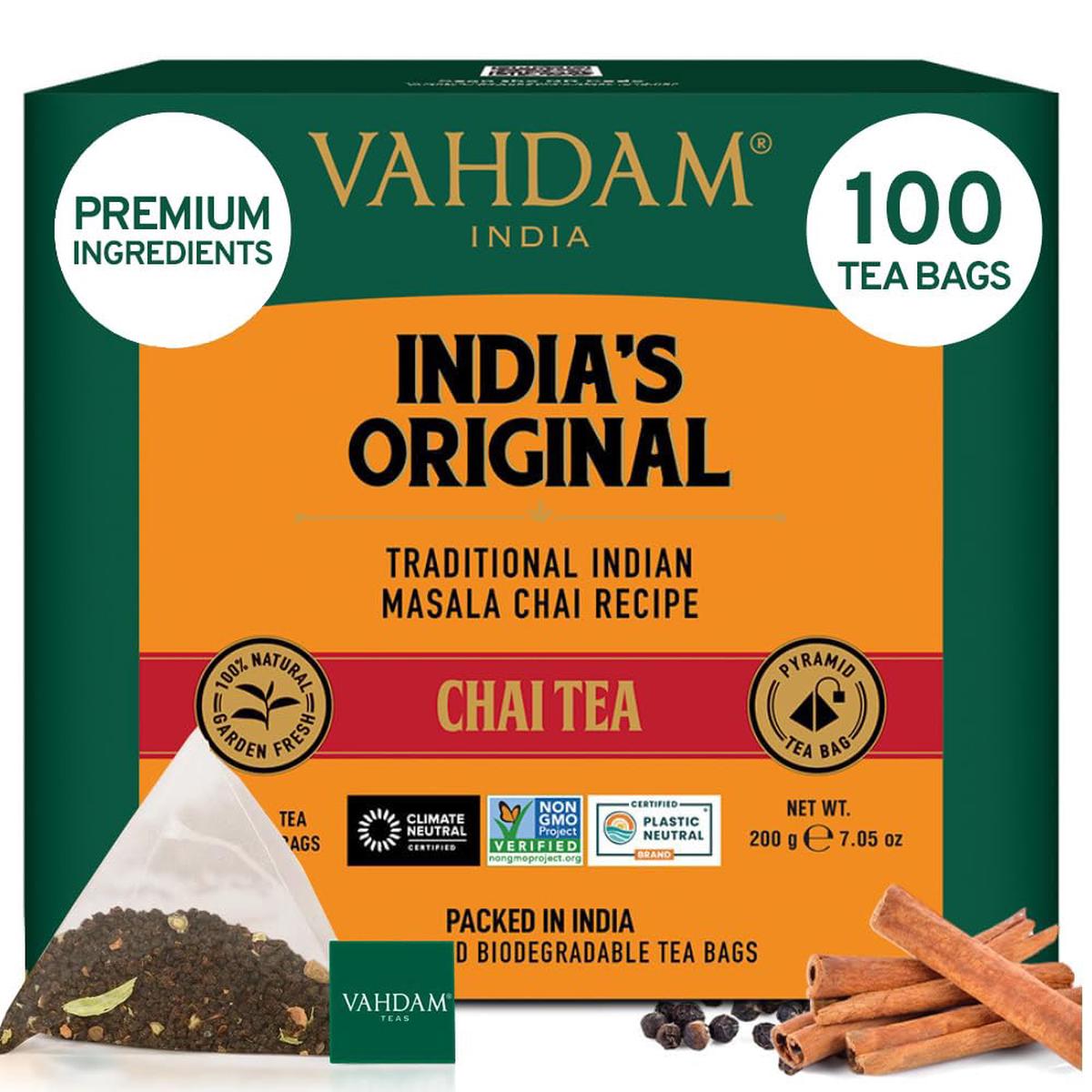Vahdam, Indias Original Masala Chai Tea Bags (100 Count) No Added Flavoring | Blended W/Exotic Spices | Whole Leaf Tea Bags | Resealable Ziplock Pouch