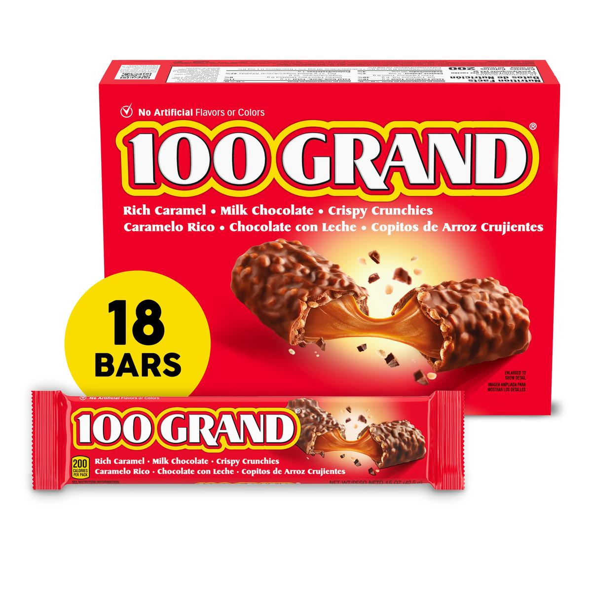 100 Grand Crispy Milk Chocolate with Caramel  Full Size Individually Wrapped Candy Bars  1.5 oz each  Bulk 18 Count Box