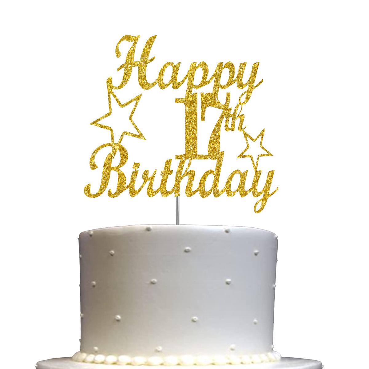 17 Birthday Cake Topper Gold Glitter, Party Decoration Ideas, Enhanced Quality, Sturdy Doubled Sided Glitter, Acrylic Stick. Made In Usa (17Th)