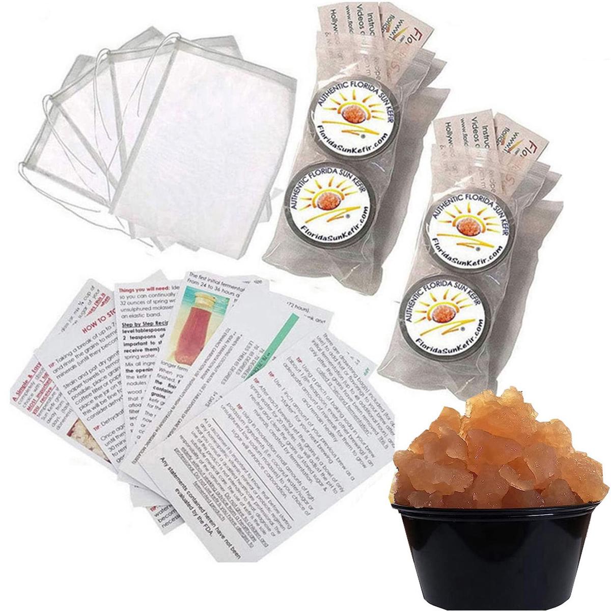 (4) Portion Cups Of Live Florida Sun Kefir Water Kefir Grains Natural Probiotics (6) Six Brewing Bags Included