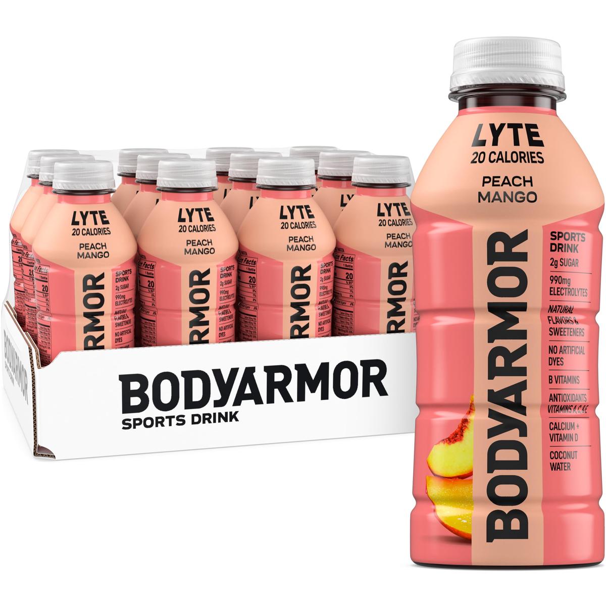 BODYARMOR LYTE, Peach Mango, Electrolyte Drink, 20 Calories, 16 Fl Oz Bottles (12 Pack), Coconut Water Sports Drink, Natural Fla