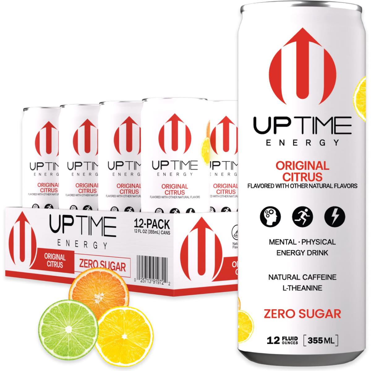 UPTIME Energy Drink, Original Citrus, Sparkling, Sugar Free, 12 Pack, 12 Fl Oz Cans, 142mg Caffeine, Orange