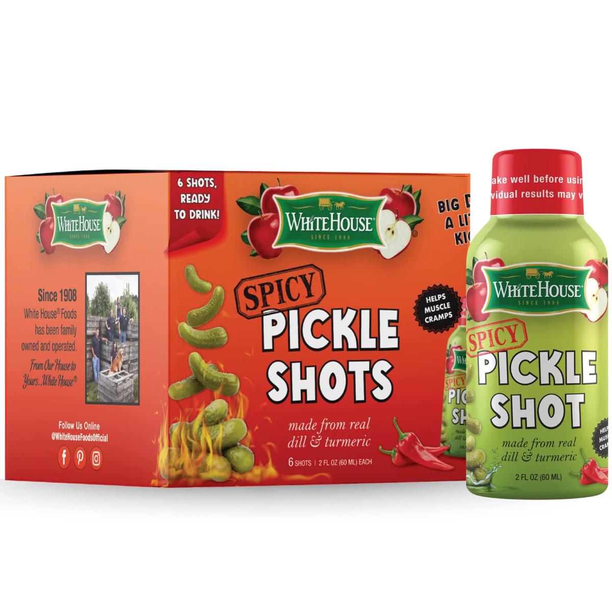 White House Spicy Pickle Shots with Dill & Turmeric, Hydrating Juice, 2 Fl Oz (Pack of 6) - Helps Stop Muscle Cramps