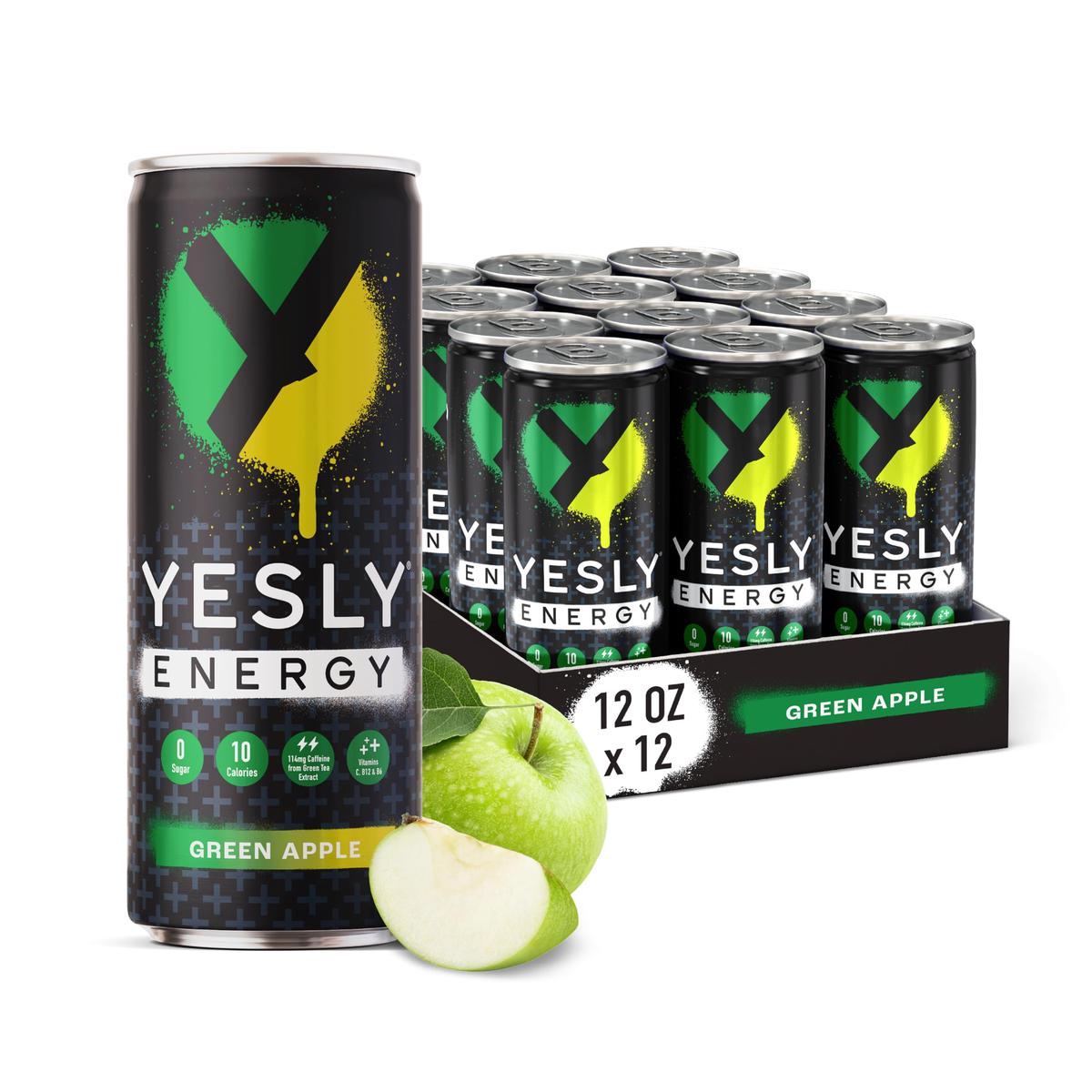 Yesly Energy - All Natural Clean Energy Drink - Zero Sugar Functional Energy Infused with Vitamins and Electrolytes - Green Appl