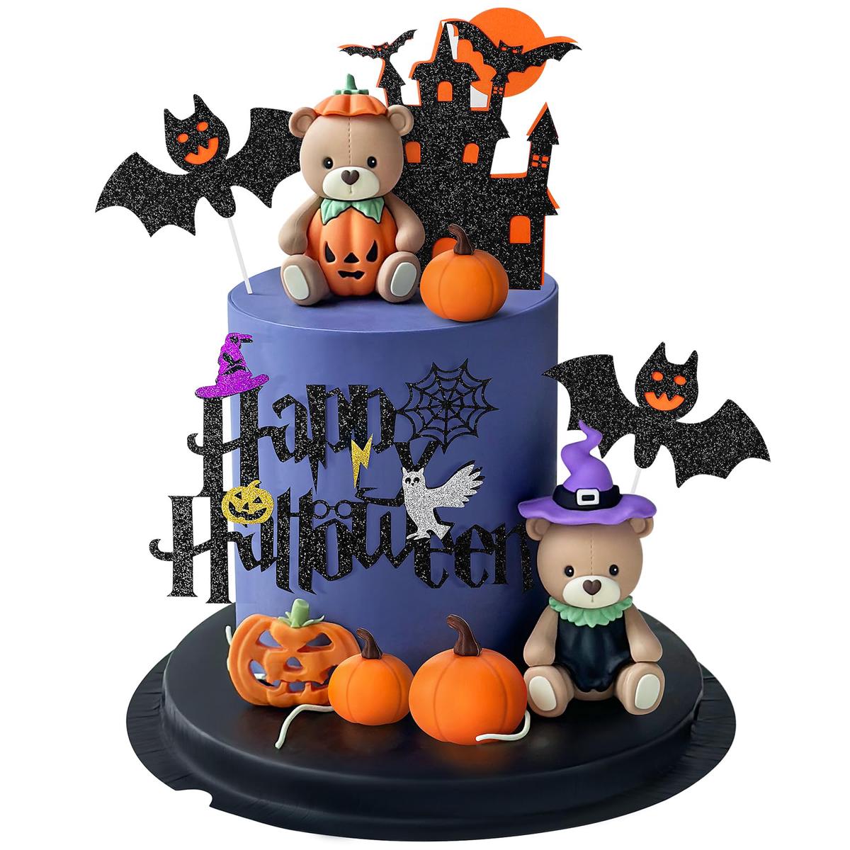 9 PCS Halloween Cake Topper Witch Bear Cake Topper Pumpkin Bat Cake Decorations with Happy Halloween Cake Decorations for Scary Party Supplies